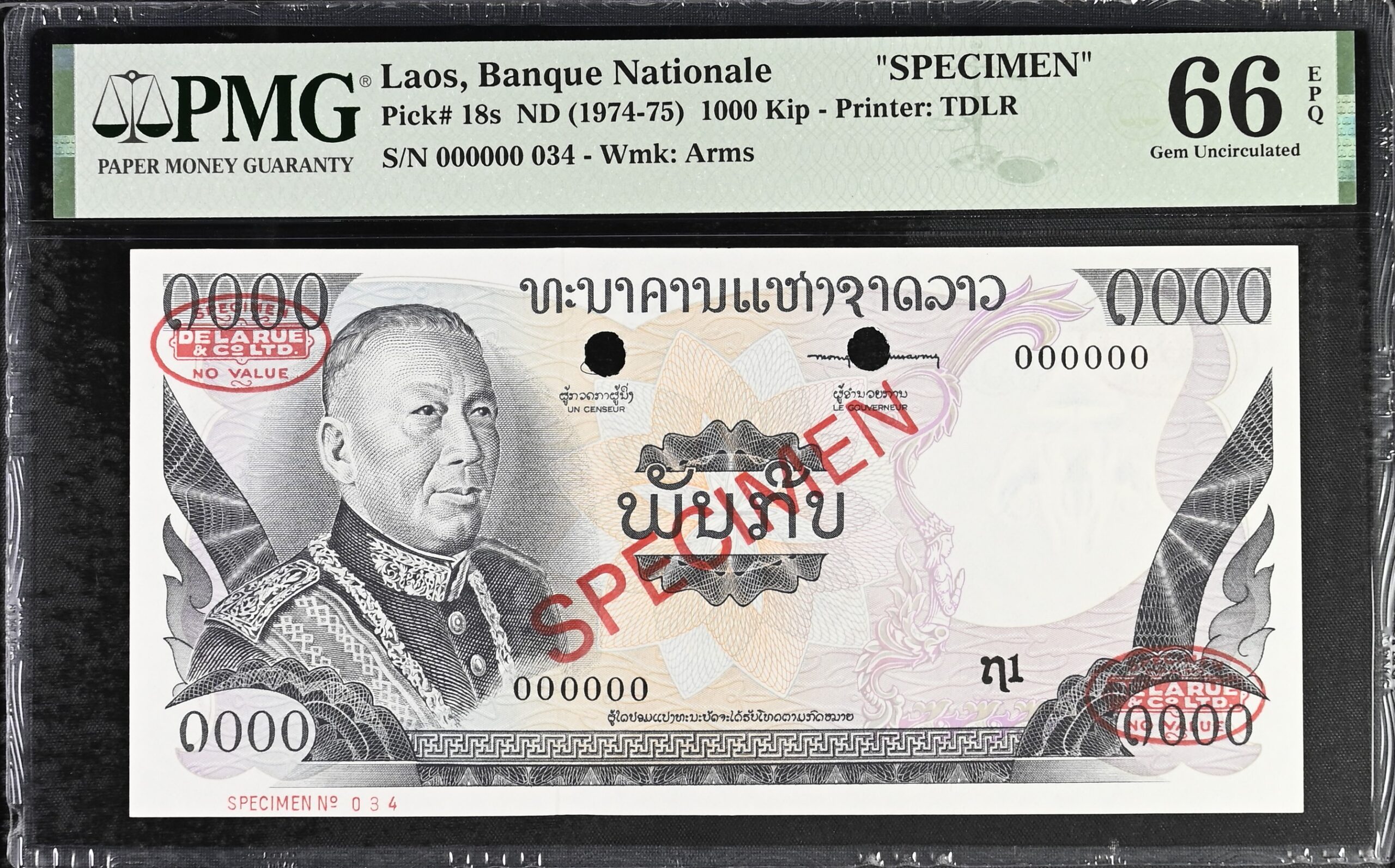 Laos 1000 Kip Specimen 1974-75 P18s PMG Gem Uncirculated 66 EPQ
