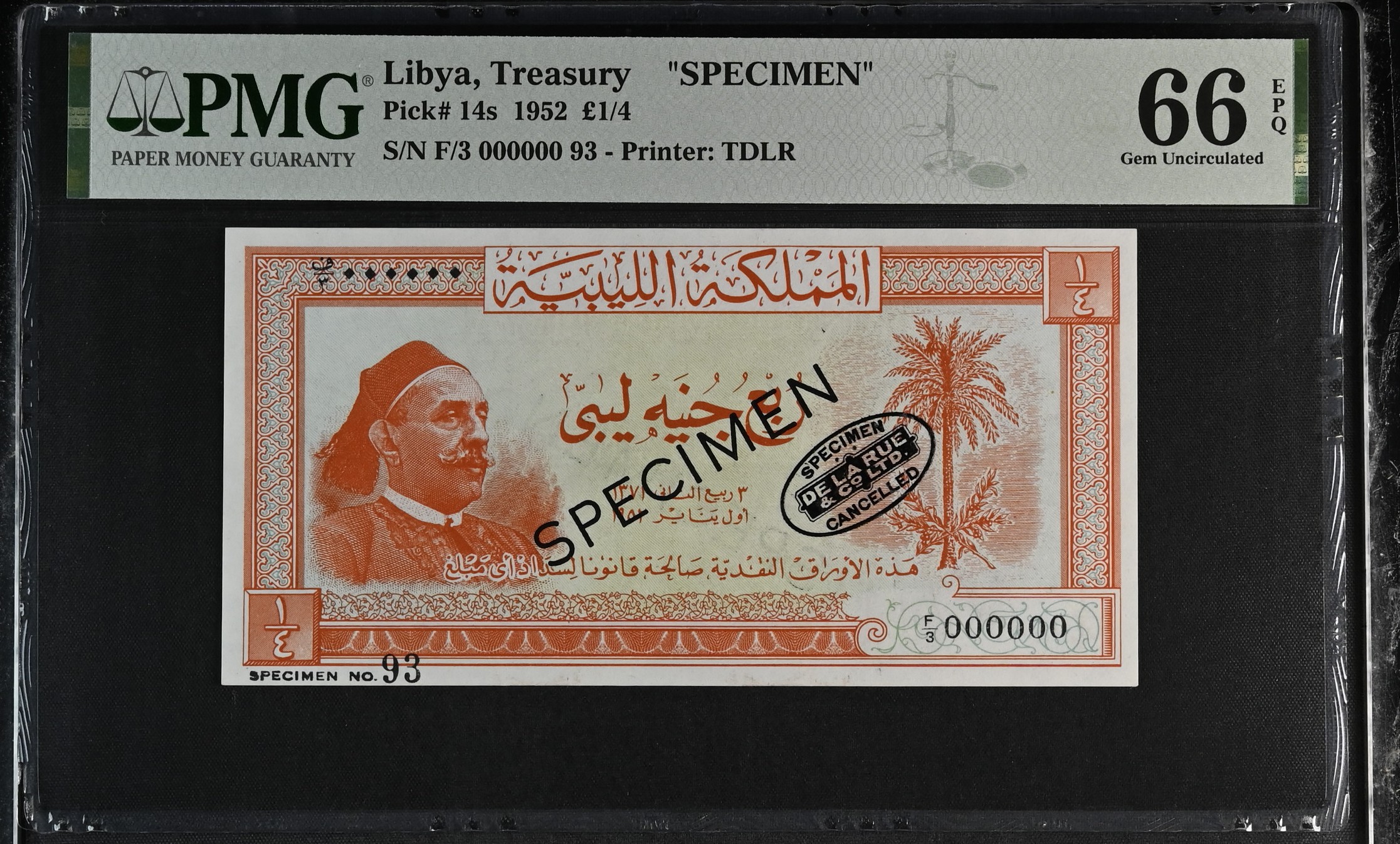 Libya 1/4 Pound Specimen 1952 P14s PMG Gem Uncirculated 66 EPQ