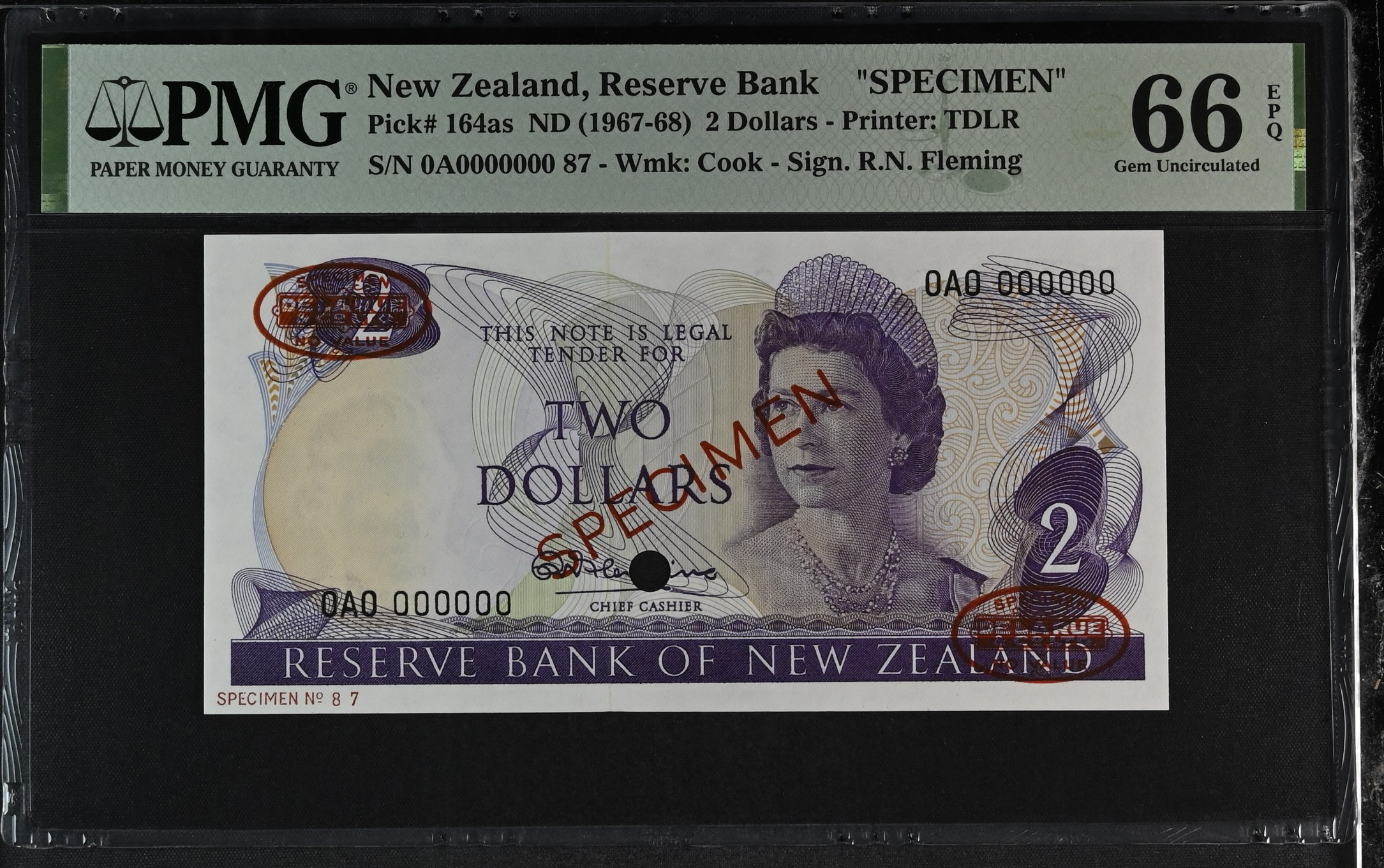 New Zealand 2 Dollars Specimen 1967-68 P164as PMG Gem Uncirculated 66 EPQ