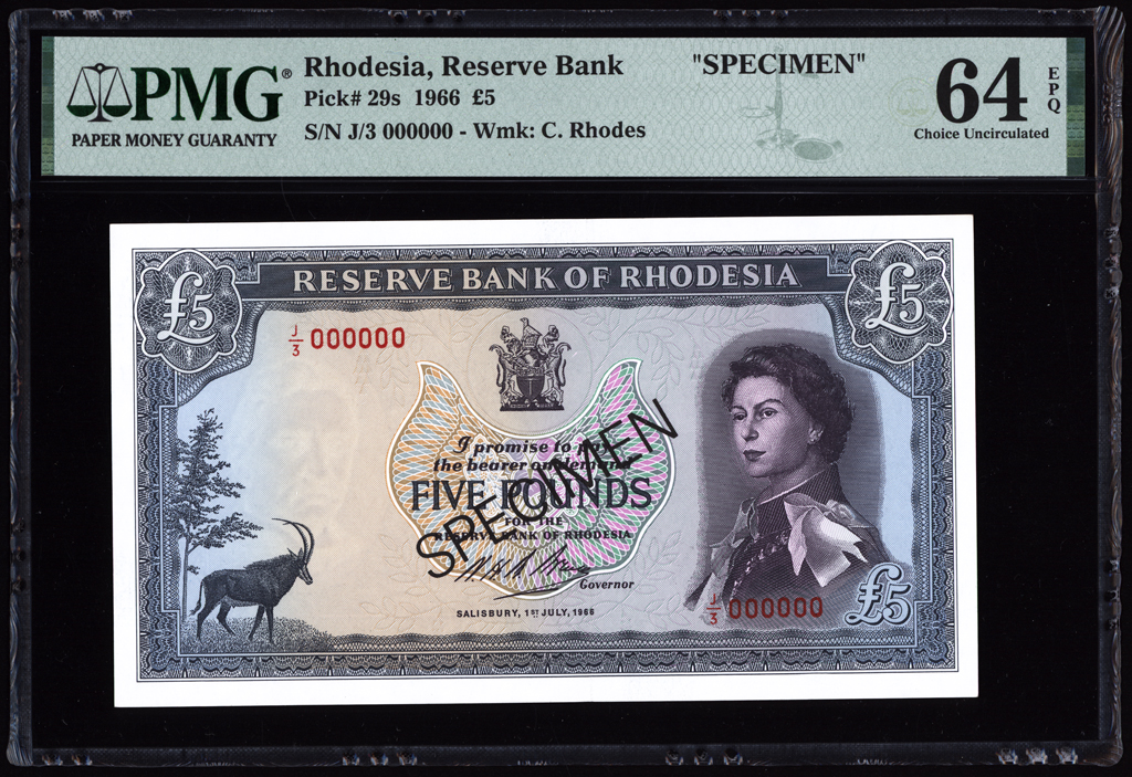 Rhodesia 5 Pounds Specimen 1966 P29s PMG Choice Uncirculated 64 EPQ