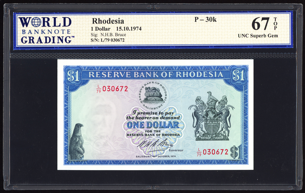 Rhodesia 1 Dollar 1974 P30k WBG Superb Gem Uncirculated 67 TOP