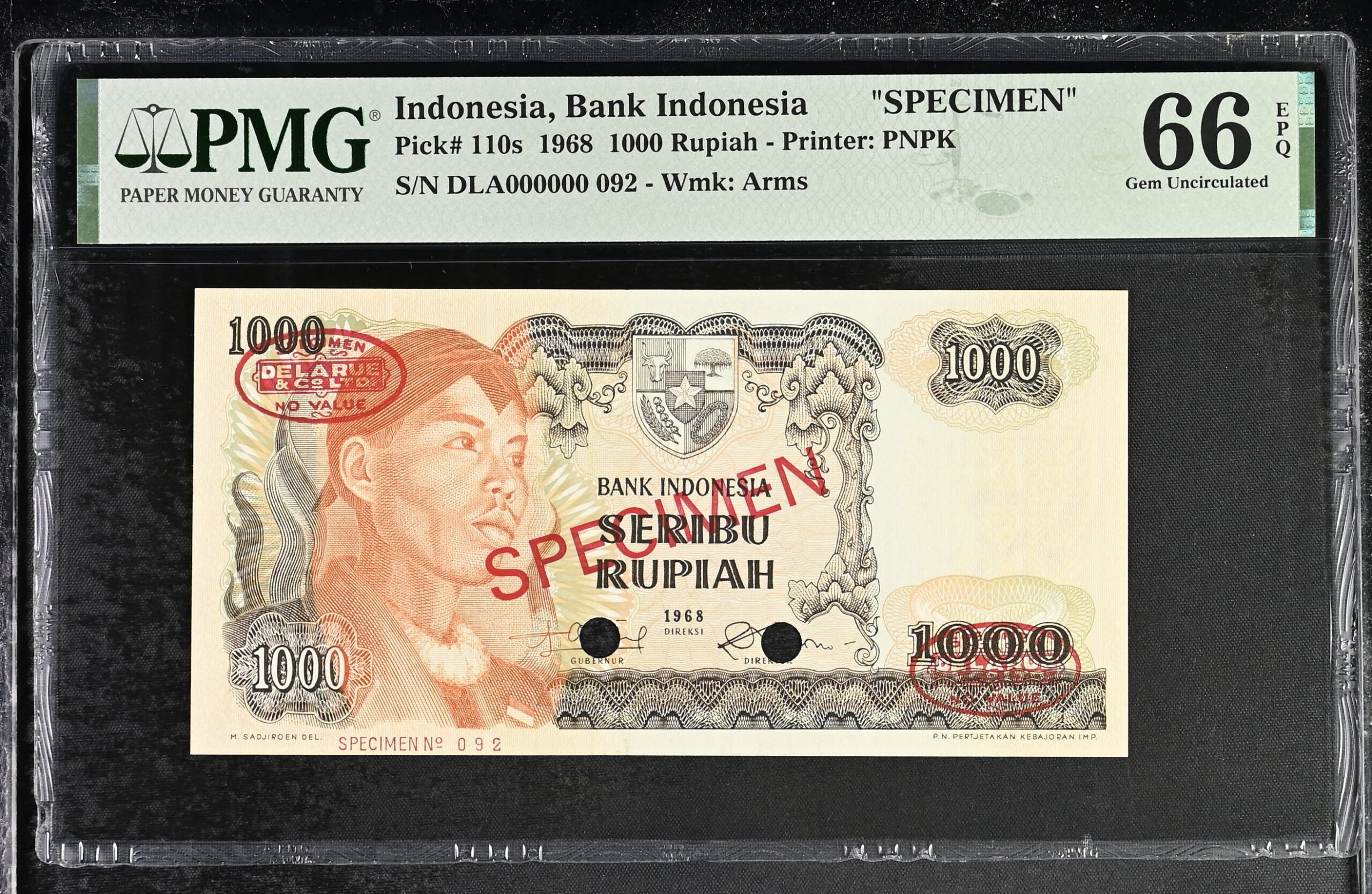 Indonesia 1000 Rupiah Specimen 1968 P110s PMG Gem Uncirculated 66 EPQ
