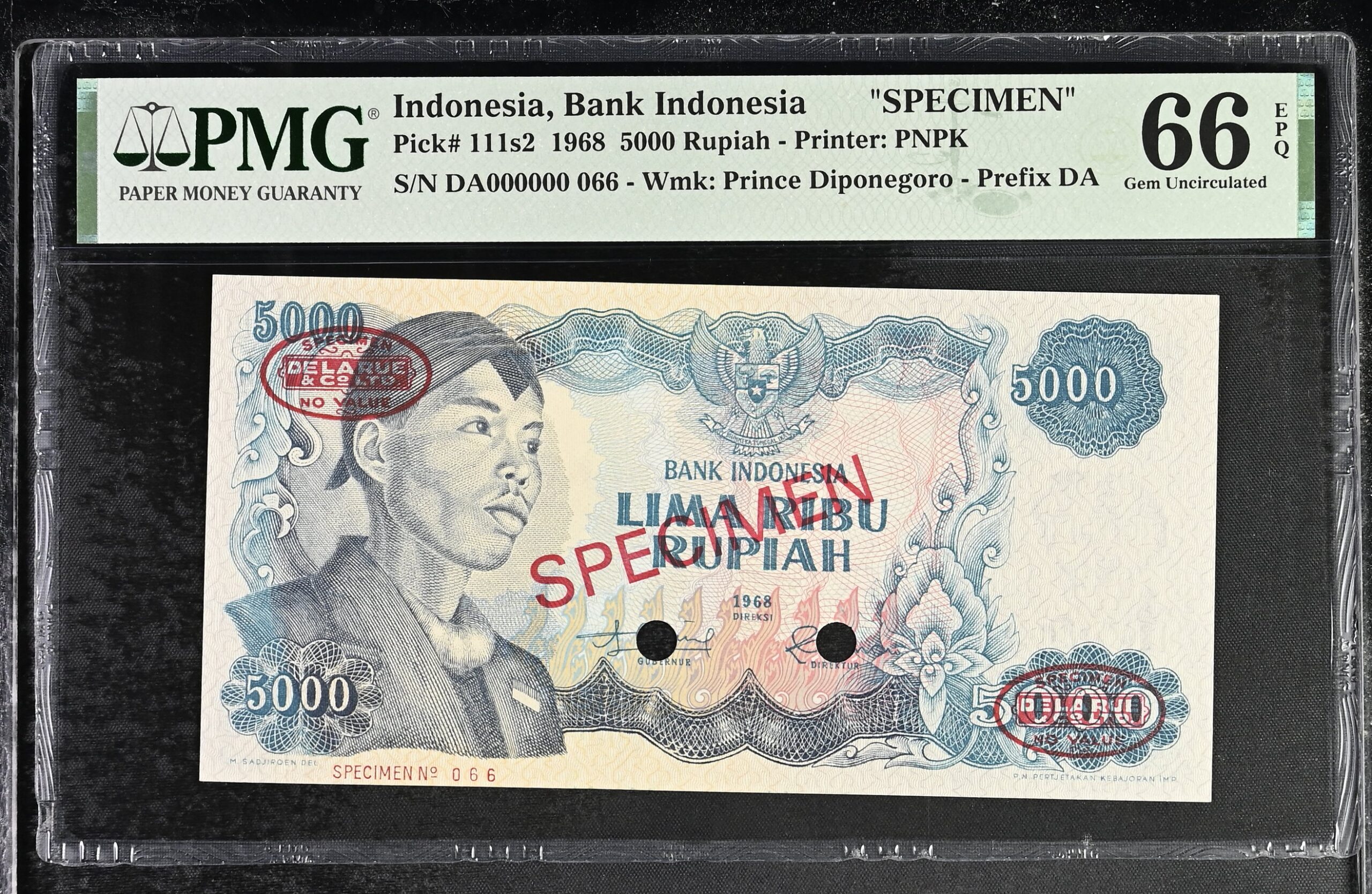 Indonesia 5000 Rupiah Specimen 1968 P111s2 PMG Gem Uncirculated 66 EPQ