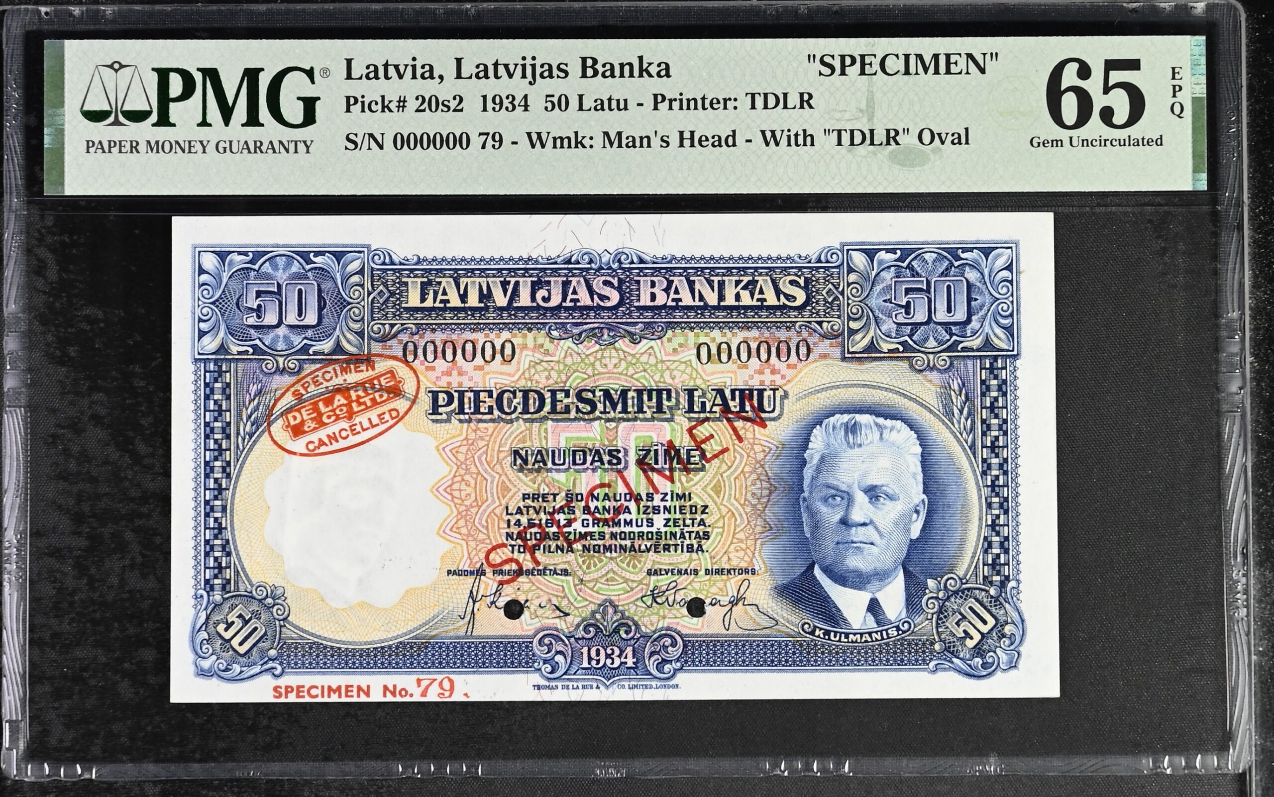 Latvia 50 Latu Specimen 1934 P20s2 PMG Gem Uncirculated 65 EPQ