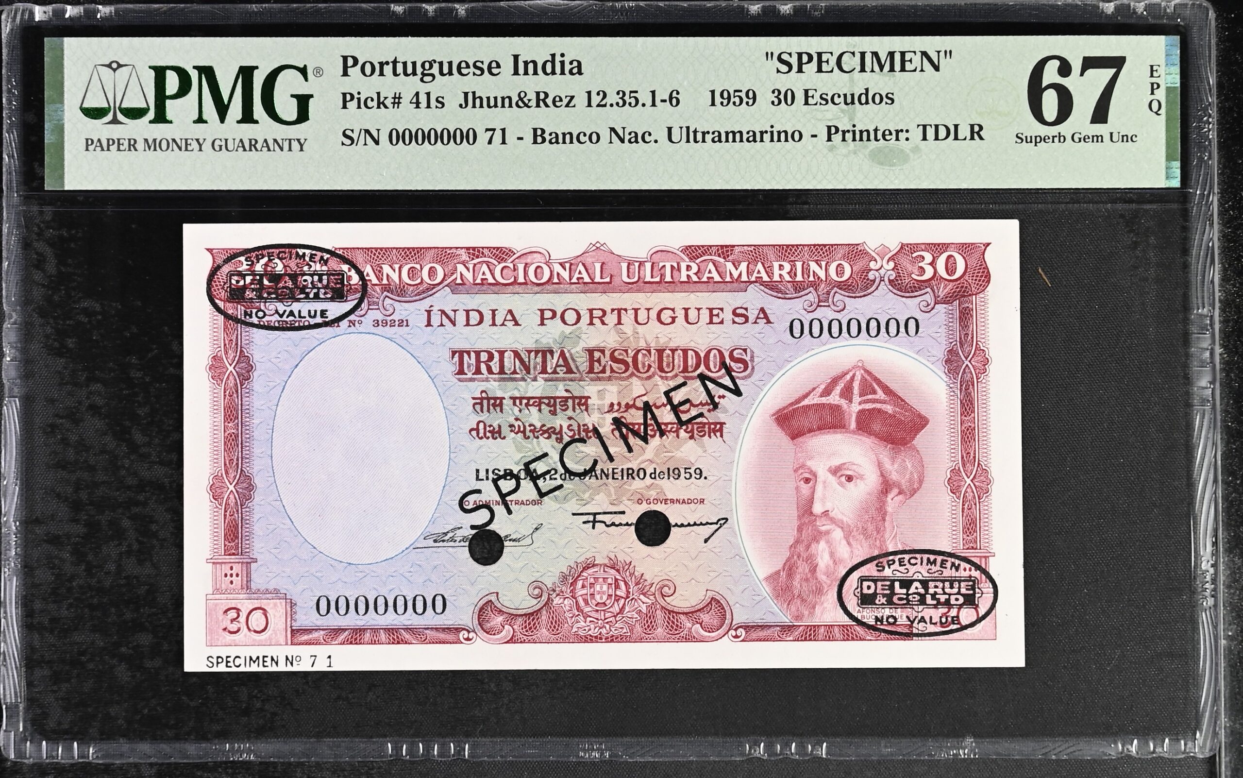 Portuguese India 30 Escudos Specimen 1959 P41s PMG Superb Gem Unc 67 EPQ