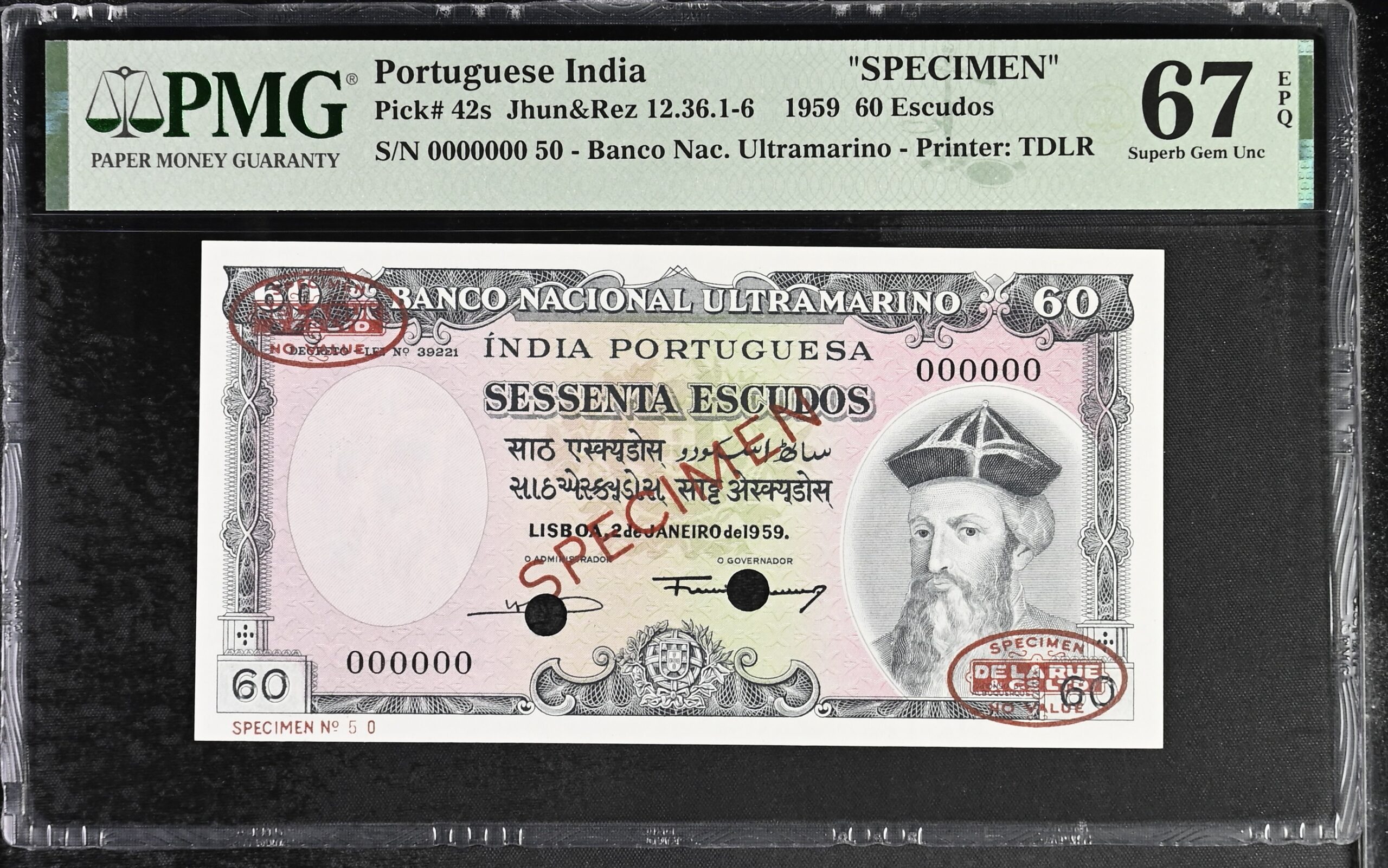 Portuguese India 60 Escudos Specimen 1959 P42s PMG Superb Gem Unc 67 EPQ