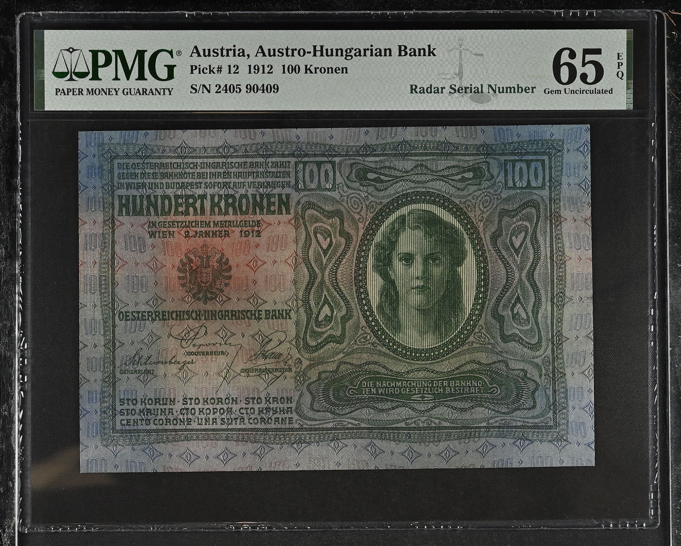 Austria 100 Kronen 1912 P12 PMG Gem Uncirculated 65 EPQ RADAR