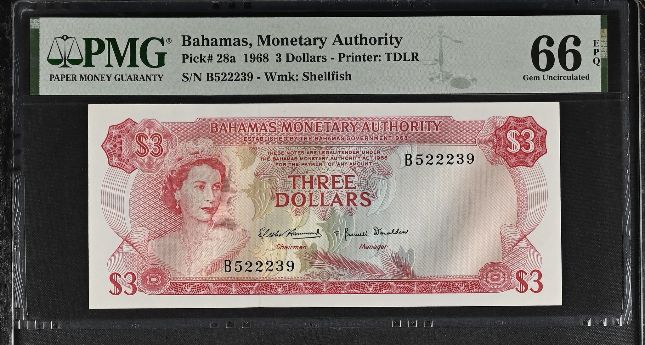 Bahamas 3 Dollars 1968 P28a PMG Gem Uncirculated 66 EPQ