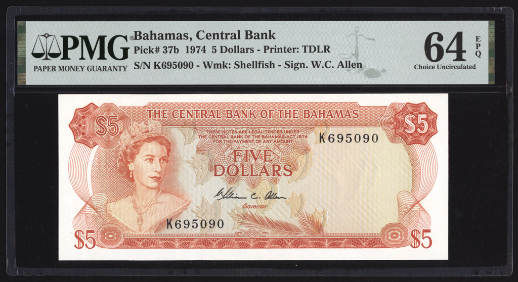 Bahamas 5 Dollars 1974 P37b PMG Choice Uncirculated 64 EPQ
