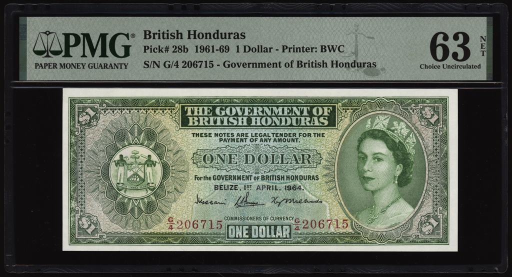 British Honduras 1 Dollar 1964 P28b PMG Choice Uncirculated 63 NET