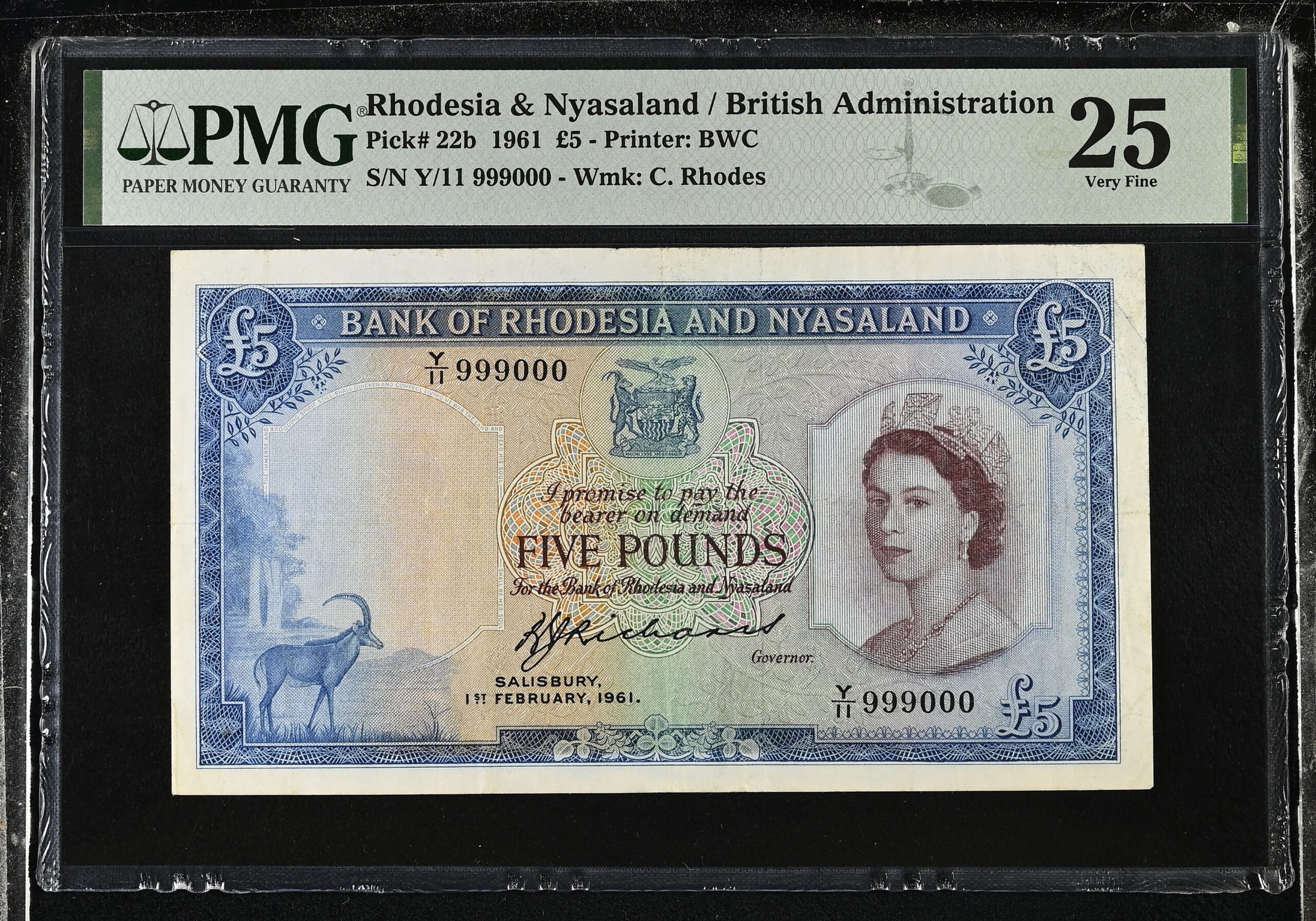 Rhodesia & Nyasaland 5 Pounds 1961 P22b PMG Very Fine 25 Repeater Serial Number