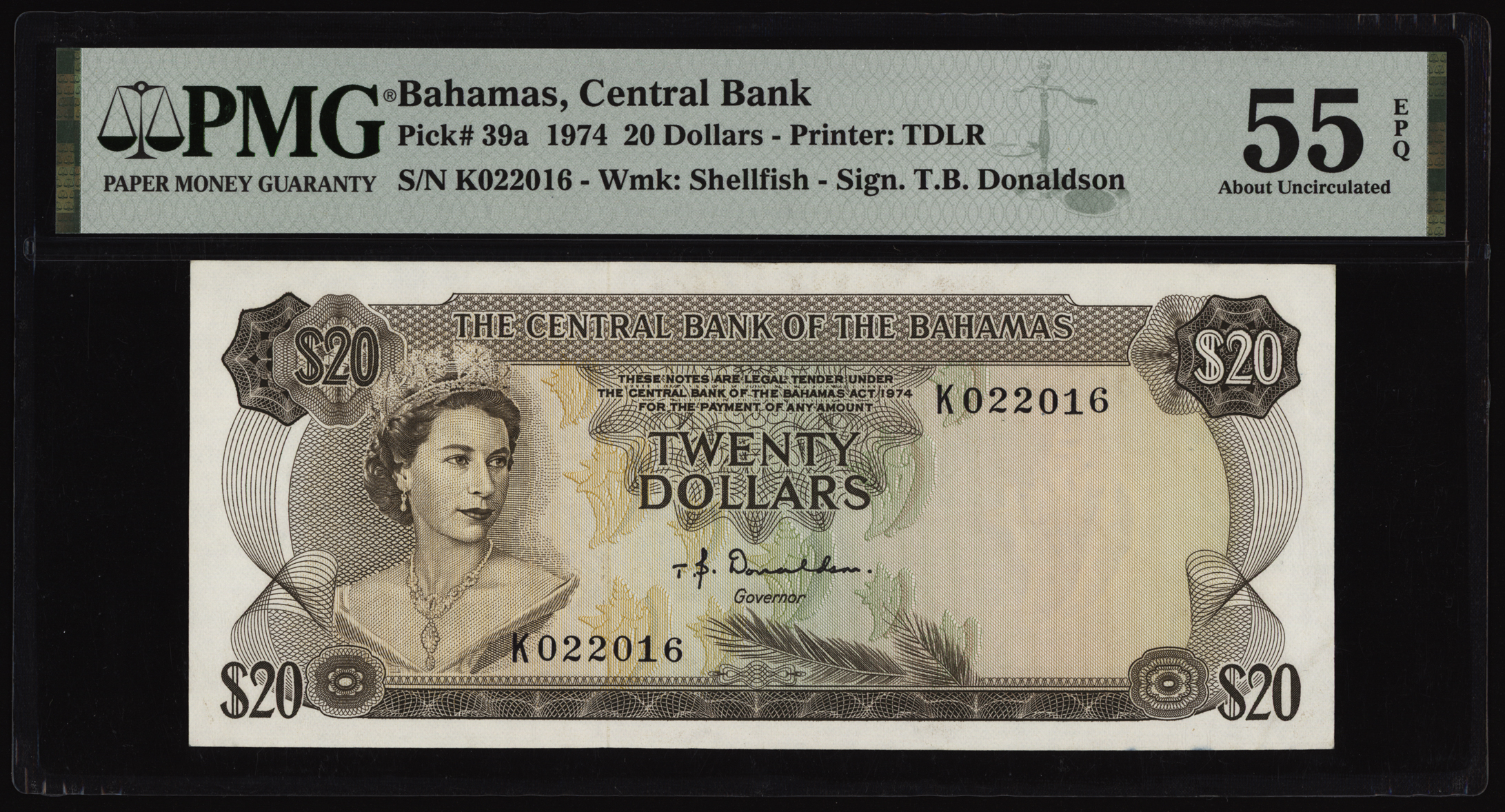 Bahamas 20 Dollars 1974 P39a PMG About Uncirculated 55 EPQ