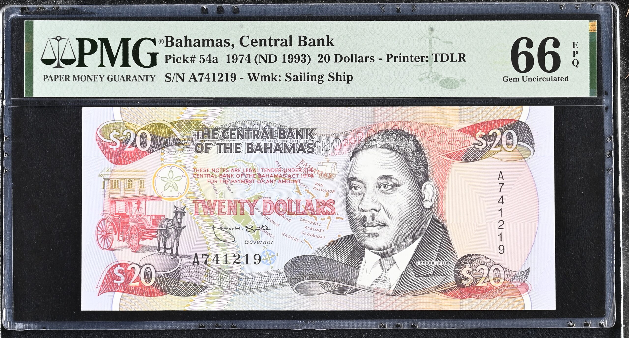 Bahamas 20 Dollars 1974 P54a PMG Gem Uncirculated 66 EPQ