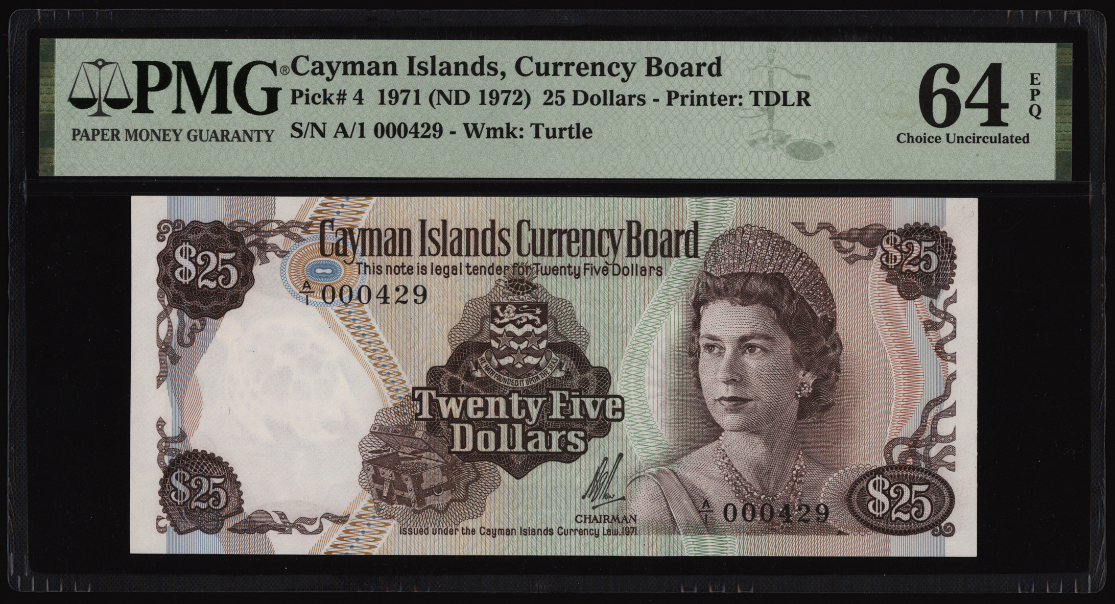 Cayman Islands 25 Dollars 1971 P4 PMG Choice Unc 64 EPQ LOW SERIAL NUMBER