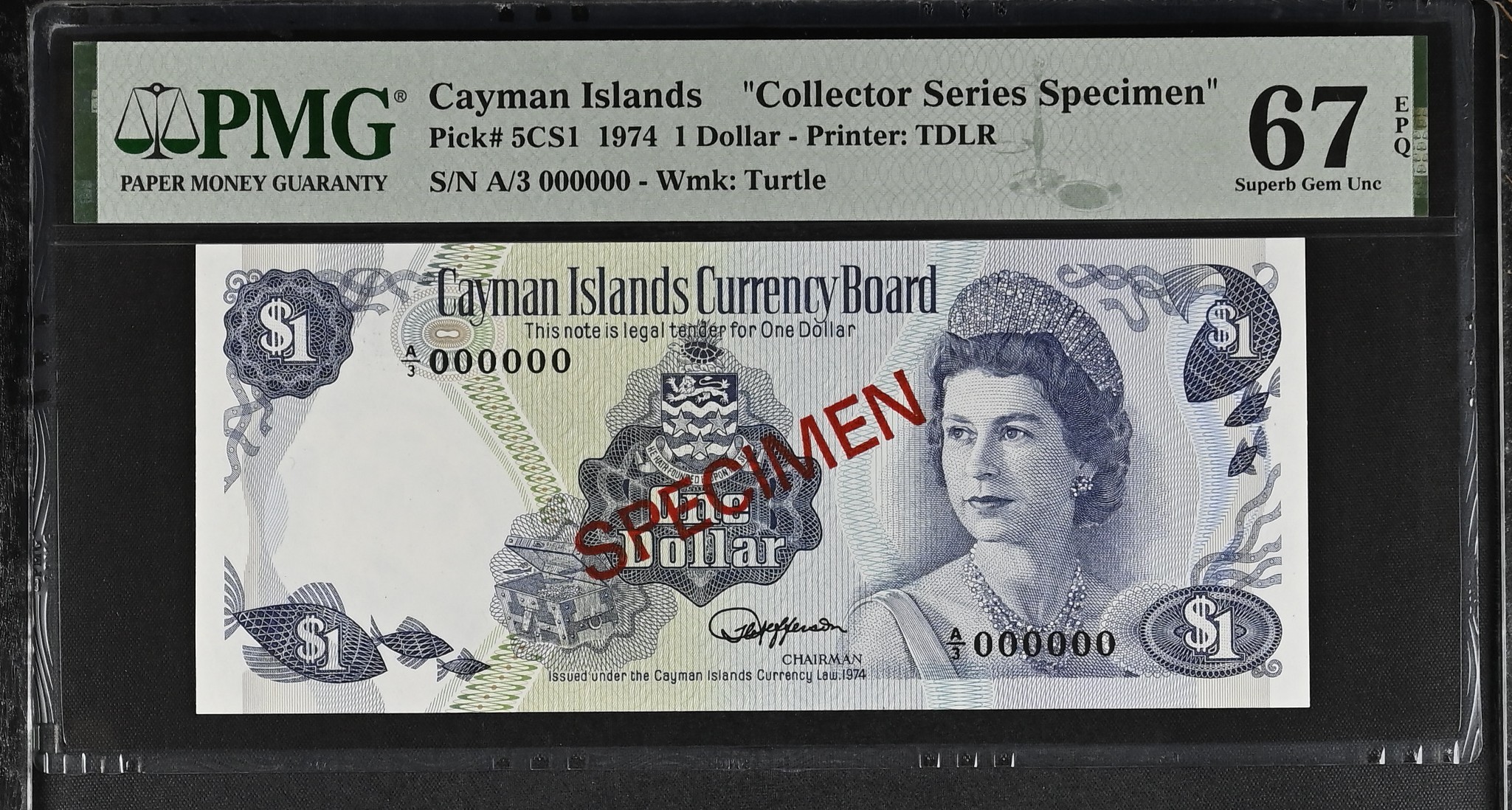 Cayman Islands 1 Dollar Specimen 1974 P5CS1 PMG Superb Gem Uncirculated 67 EPQ