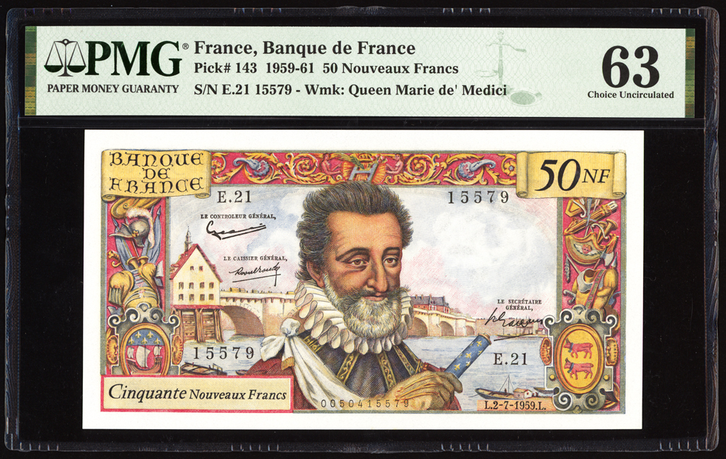 France 50 NF 1959 P143 PMG Choice Uncirculated 63