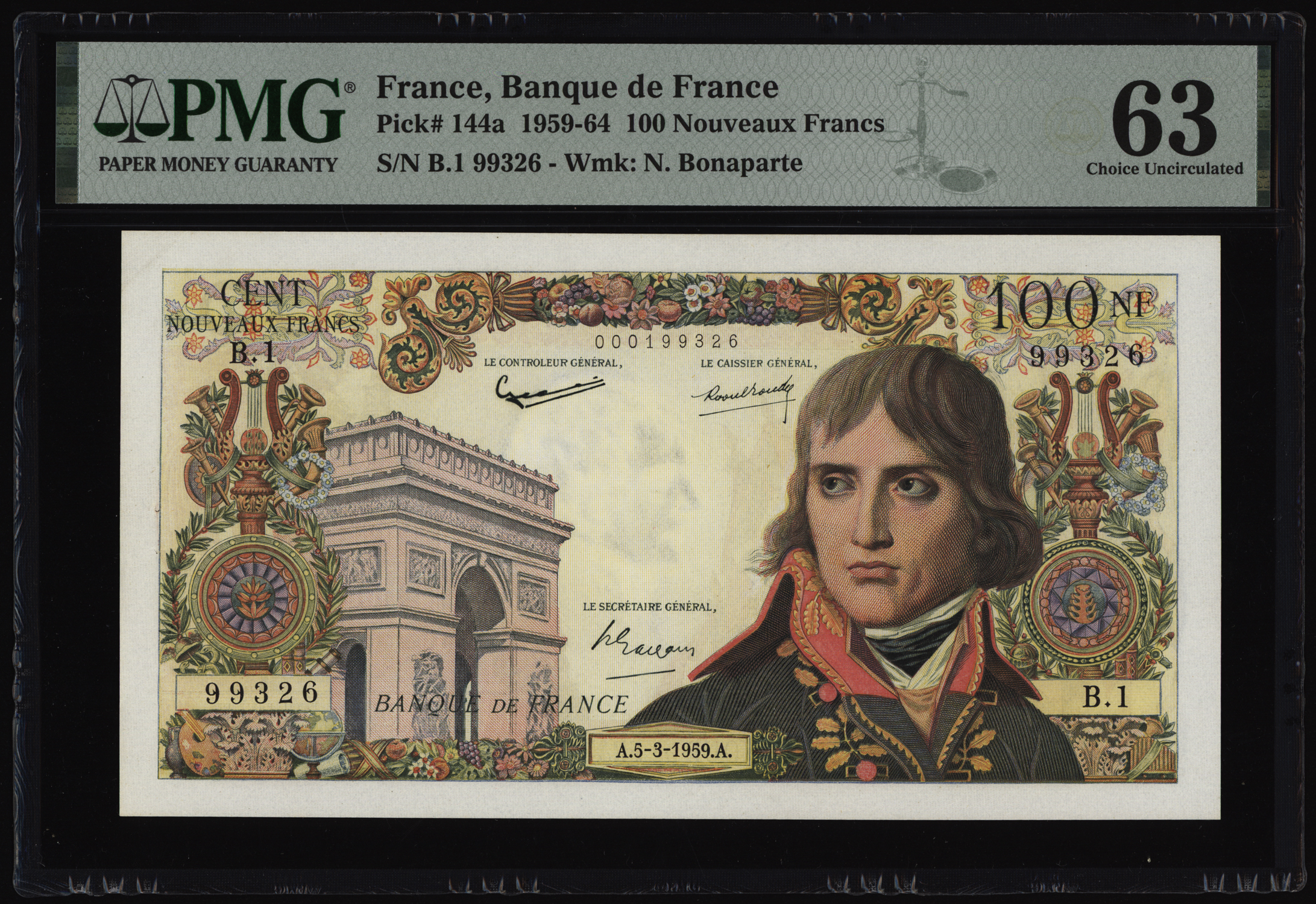 France 100 NF 1959 P144a PMG Choice Uncirculated 63