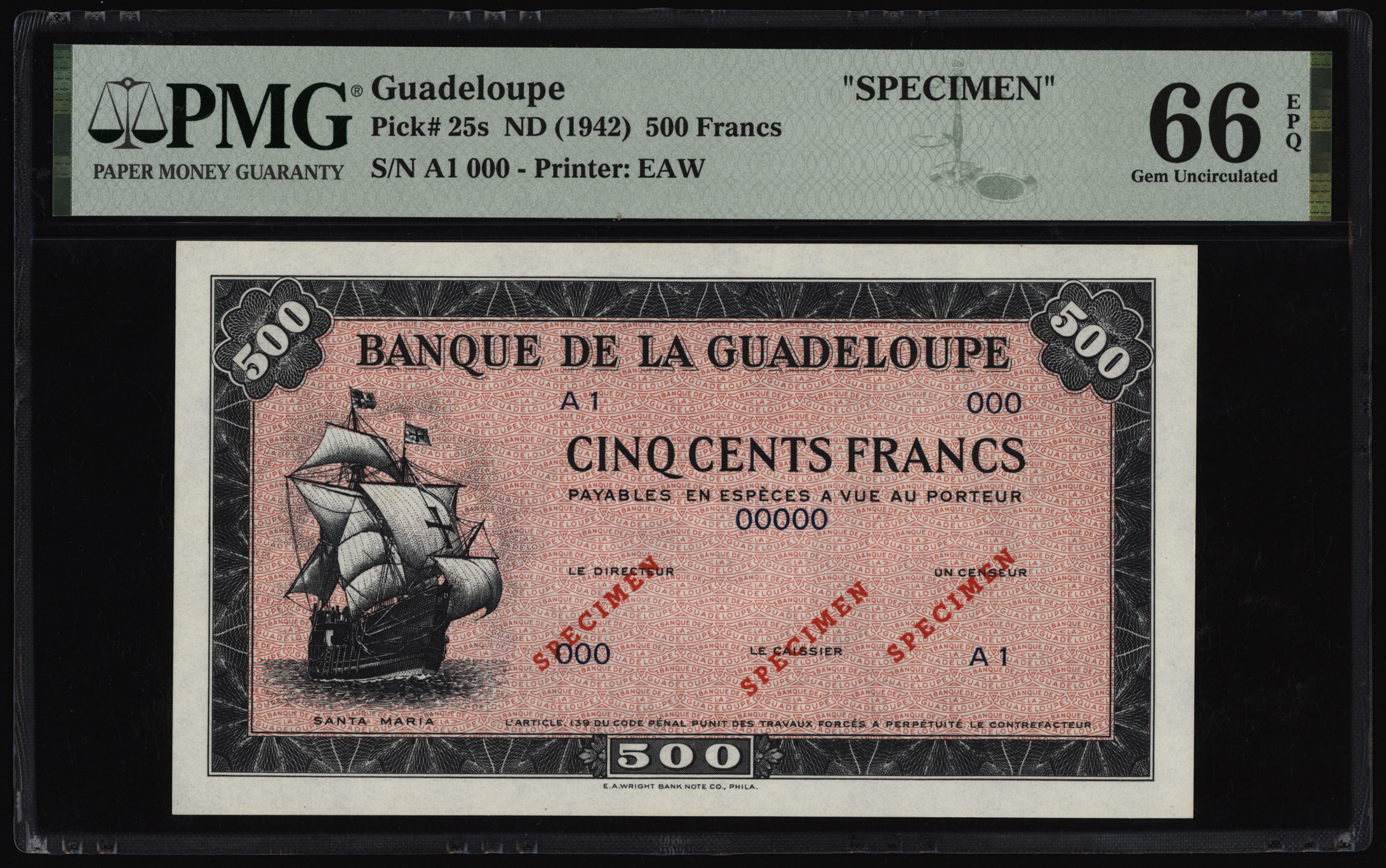 Guadeloupe 500 Francs Specimen 1942 P25s PMG Gem Uncirculated 66 EPQ