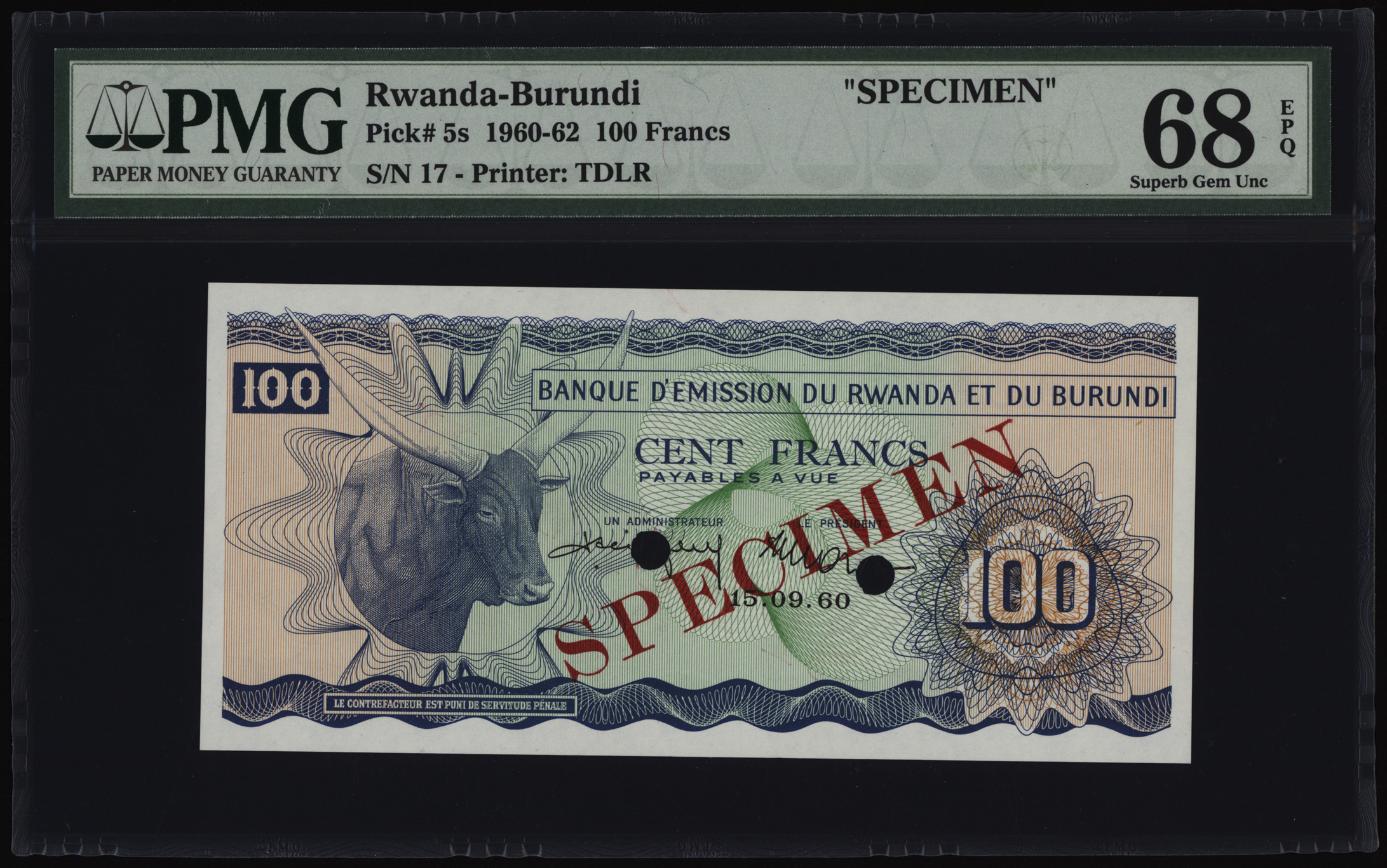 Rwanda-Burundi 100 Francs Specimen 1960 P5s PMG Superb Gem Uncirculated 68 EPQ