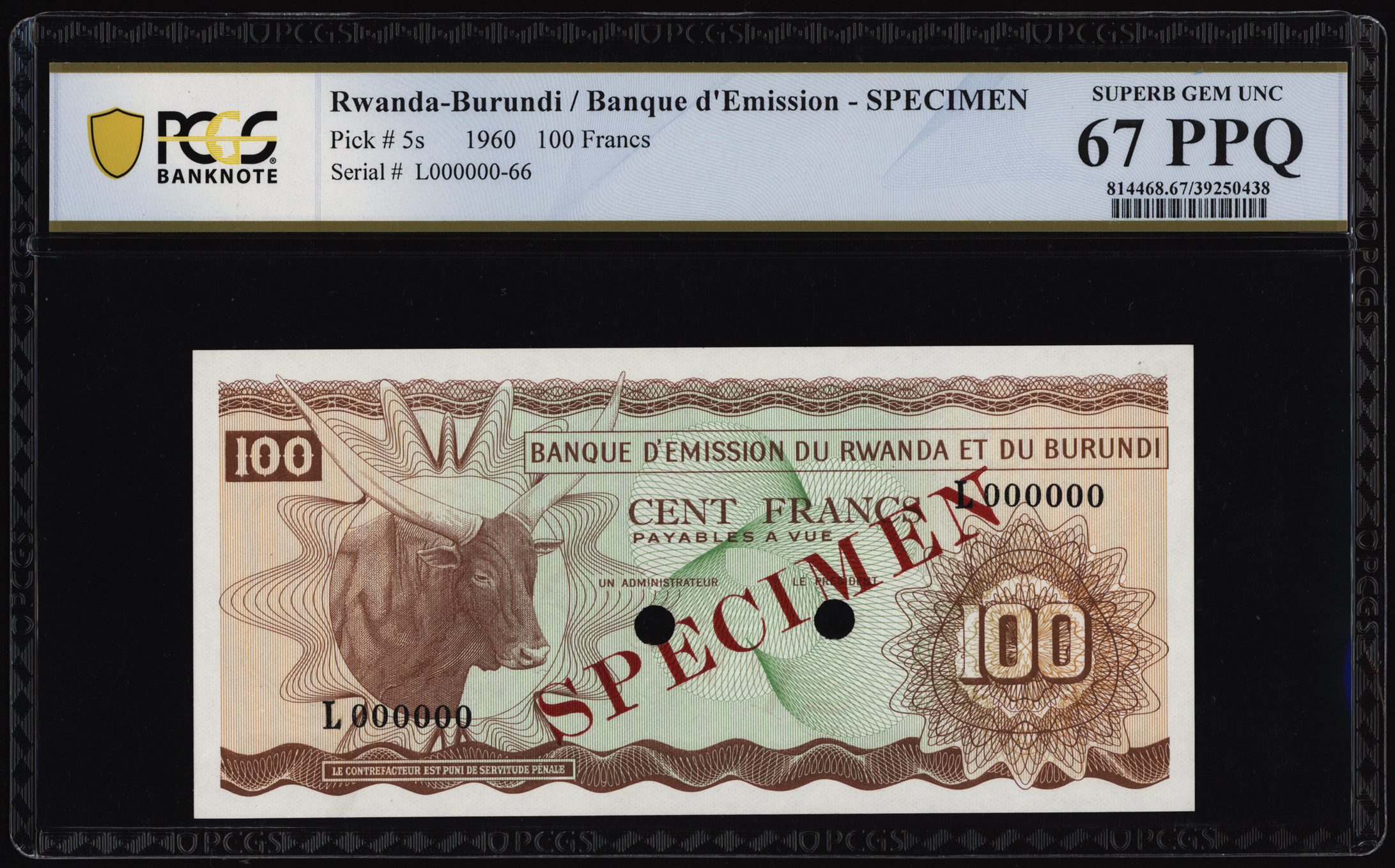 Rwanda-Burundi 100 Francs Specimen 1960 P5cts PCGS Superb Gem UNC 67 PPQ