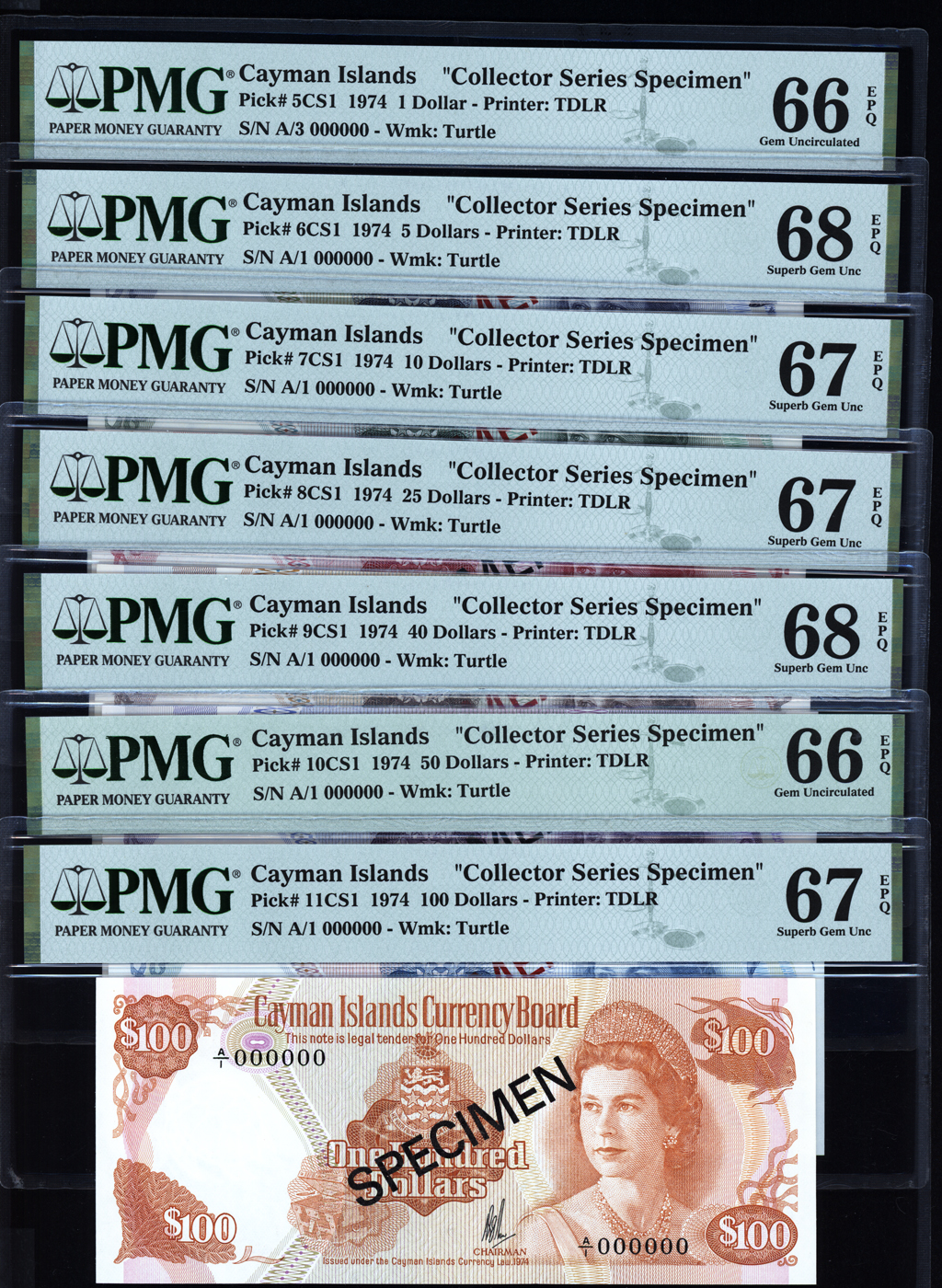Cayman Islands 1-100 Dollars Specimen Set 1974 P5CS1 – 11CS1 PMG 66-68