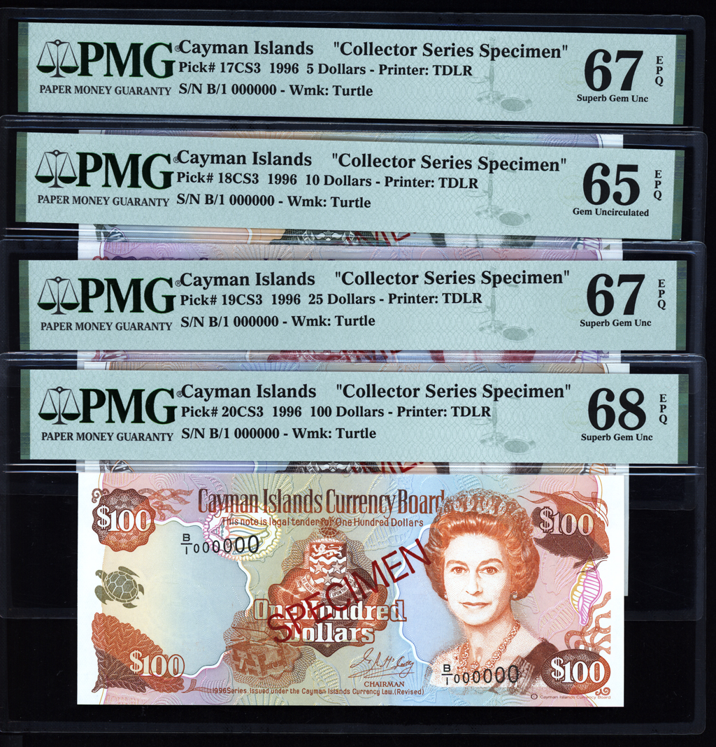 Cayman Islands 5-100 Dollars Specimen Set 1996 P17CS3 – 20CS3 PMG 65-68