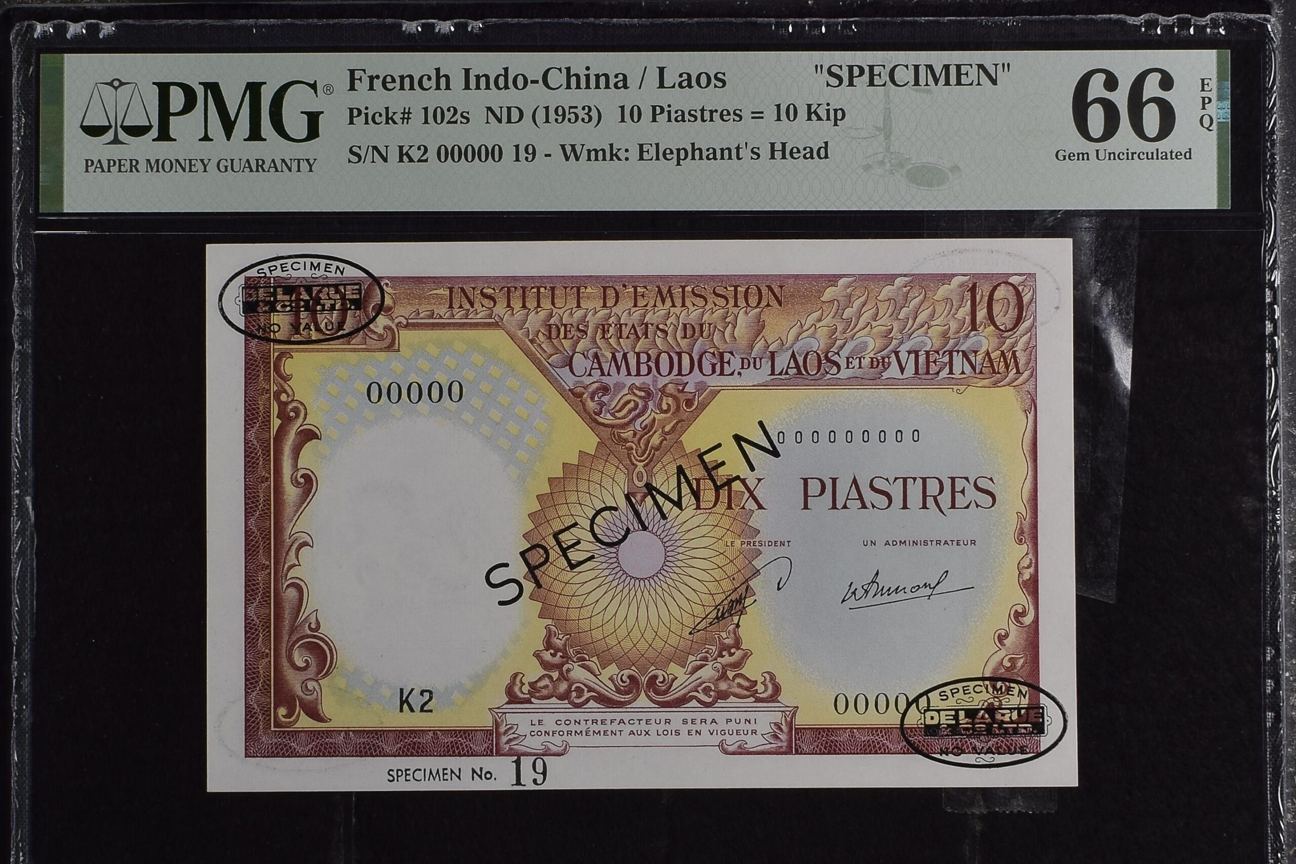 French Indo-China 10 Piastres Specimen 1953 P102s PMG Gem Uncirculated 66 EPQ