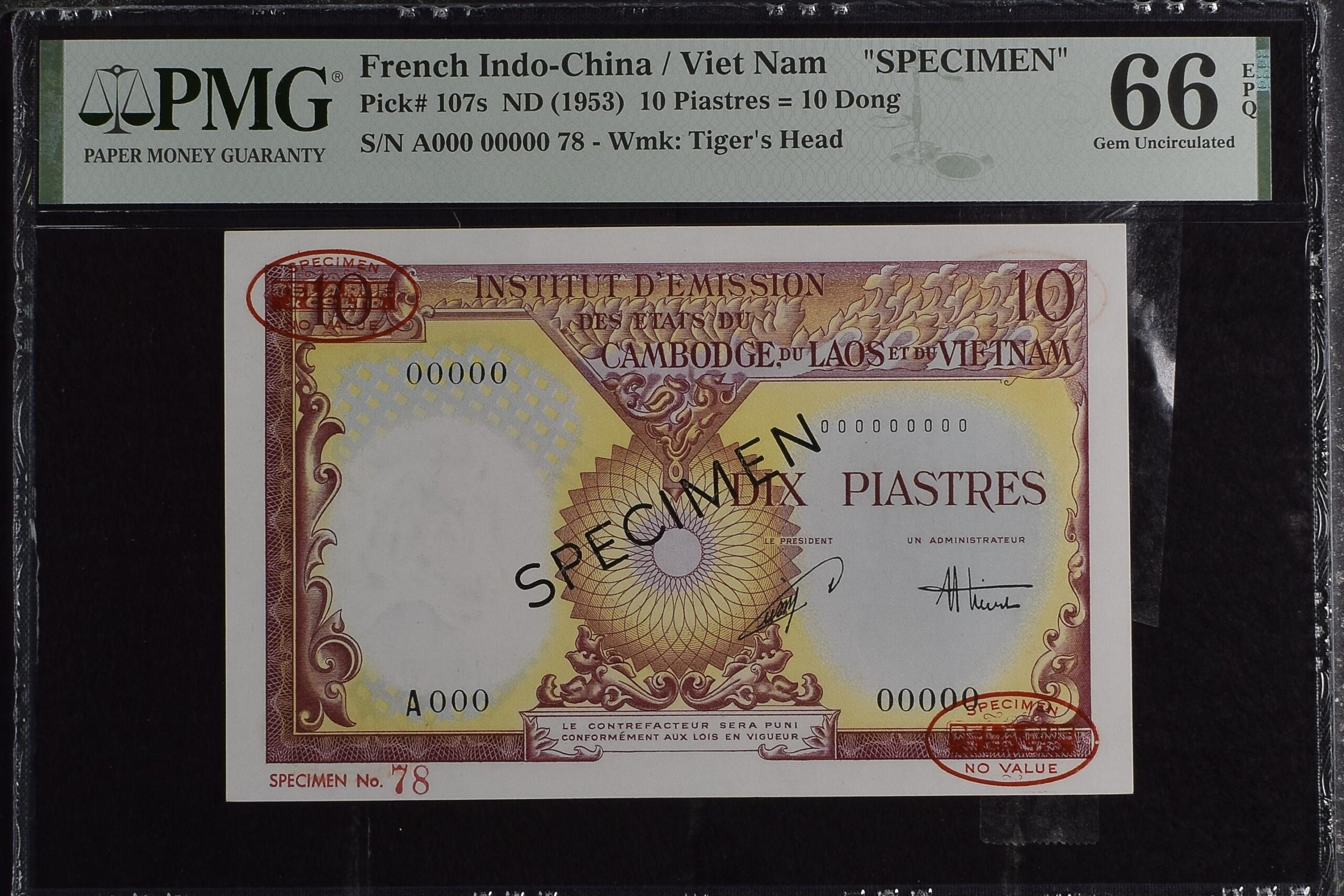 French Indo-China 10 Piastres Specimen 1953 P107s PMG Gem Uncirculated 66 EPQ