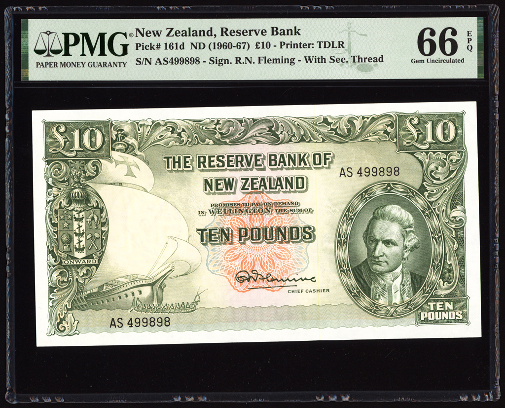 New Zealand 10 Pounds 1967 P161d PMG Gem Uncirculated 66 EPQ