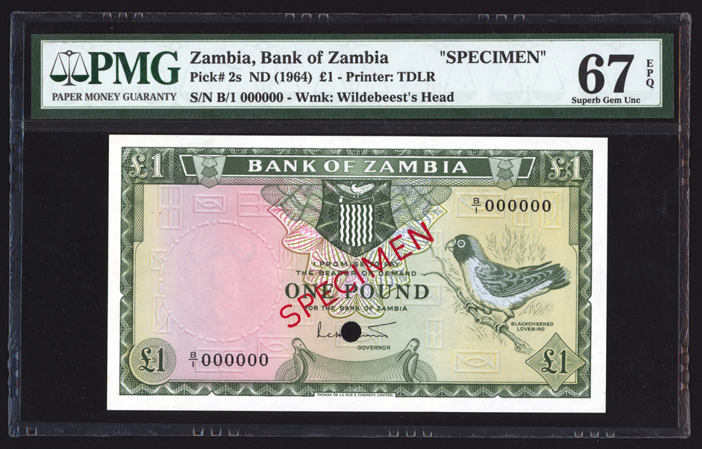 Zambia 1 Pound Specimen 1964 P2s PMG Superb Gem Uncirculated 67 EPQ
