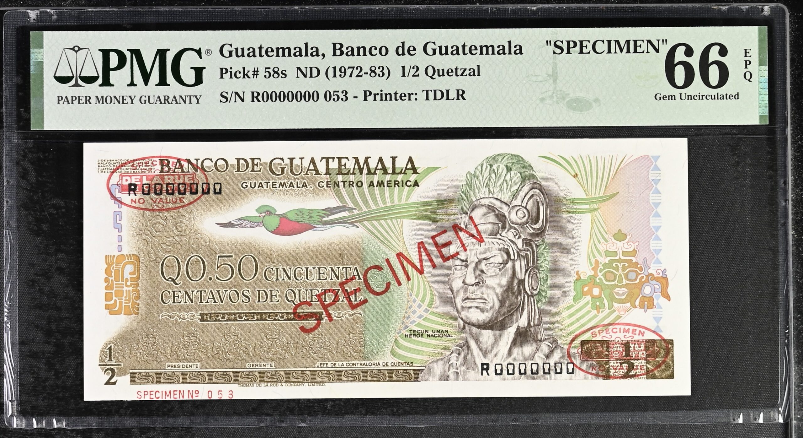 Guatemala 1/2 Quetzal Specimen 1972-83 P58s PMG Gem Uncirculated 66 EPQ