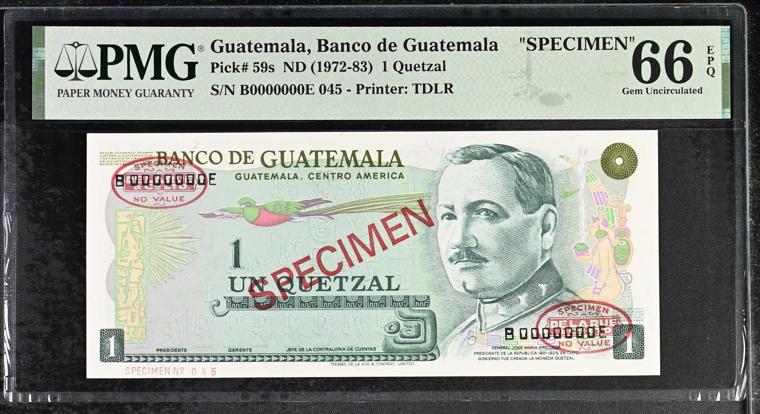 Guatemala 1 Quetzal Specimen 1972-83 P59s PMG Gem Uncirculated 66 EPQ
