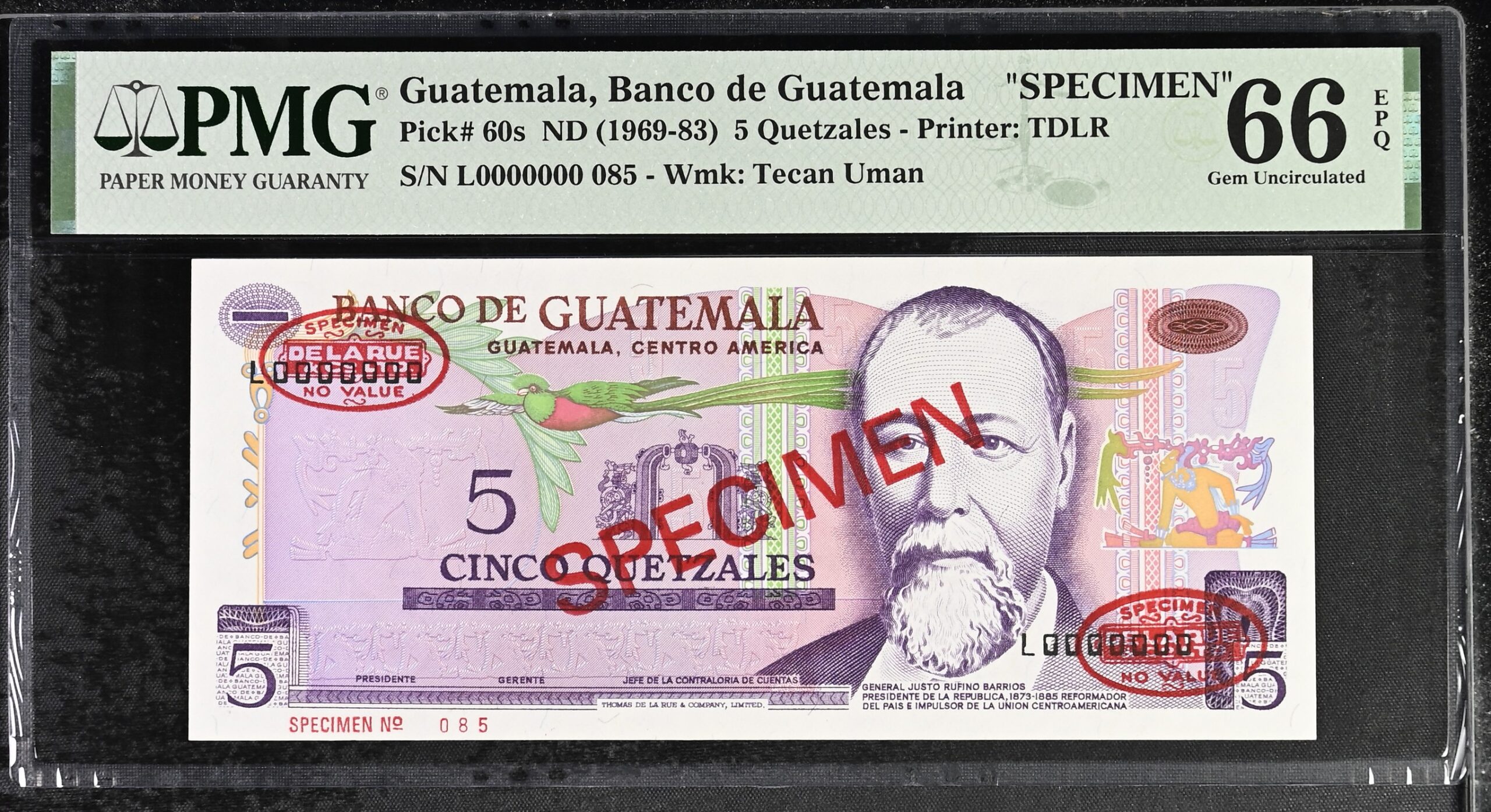 Guatemala 5 Quetzales Specimen 1969-83 P60s PMG Gem Uncirculated 66 EPQ