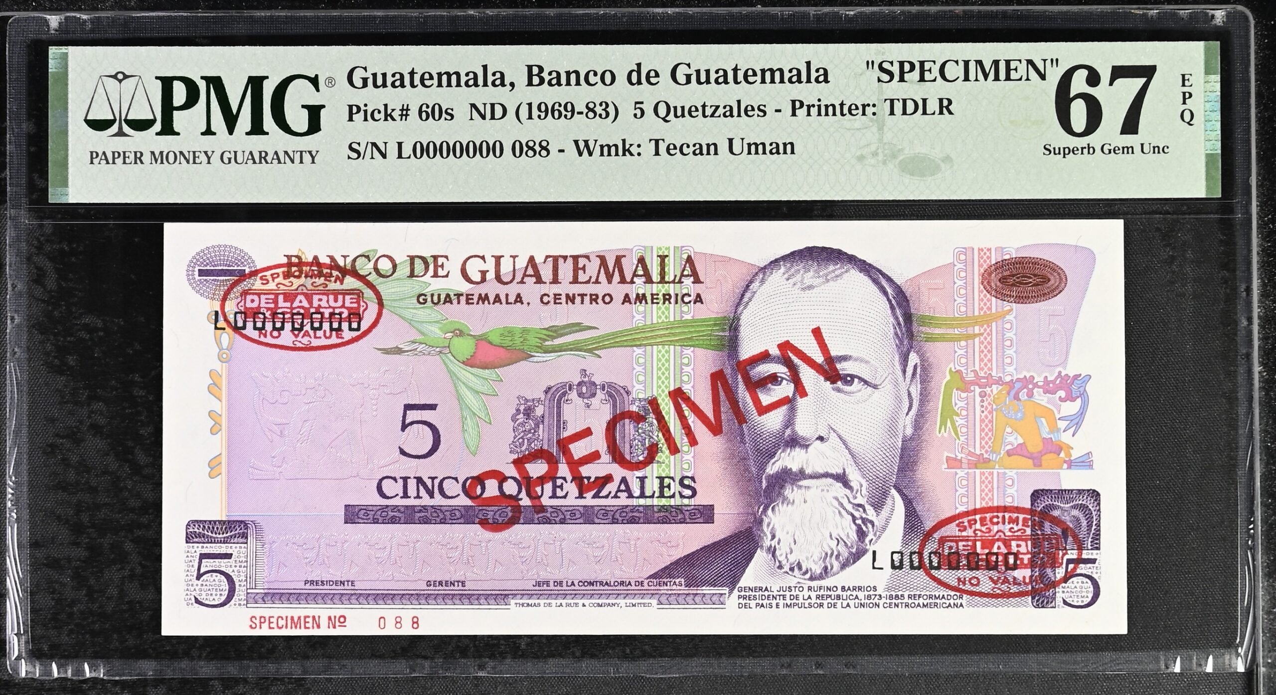 Guatemala 5 Quetzales Specimen 1969-83 P60s PMG Superb Gem Uncirculated 67 EPQ