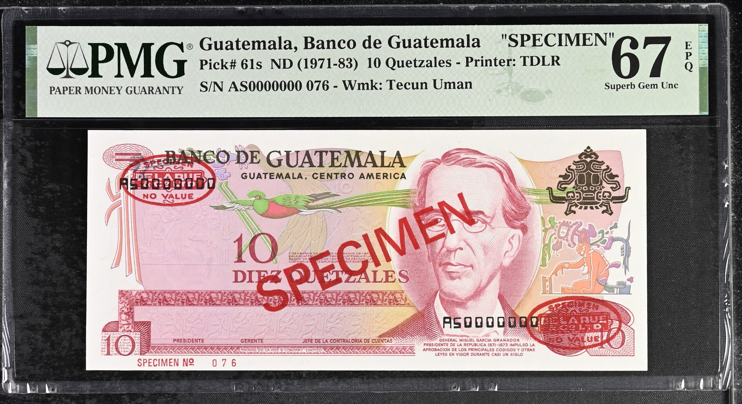 Guatemala 10 Quetzales Specimen 1971-83 P61s PMG Superb Gem Uncirculated 67 EPQ