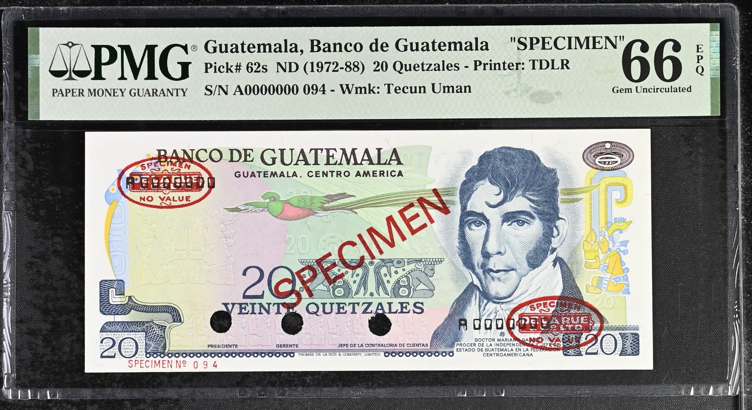 Guatemala 20 Quetzales Specimen 1972-88 P62s PMG Gem Uncirculated 66 EPQ