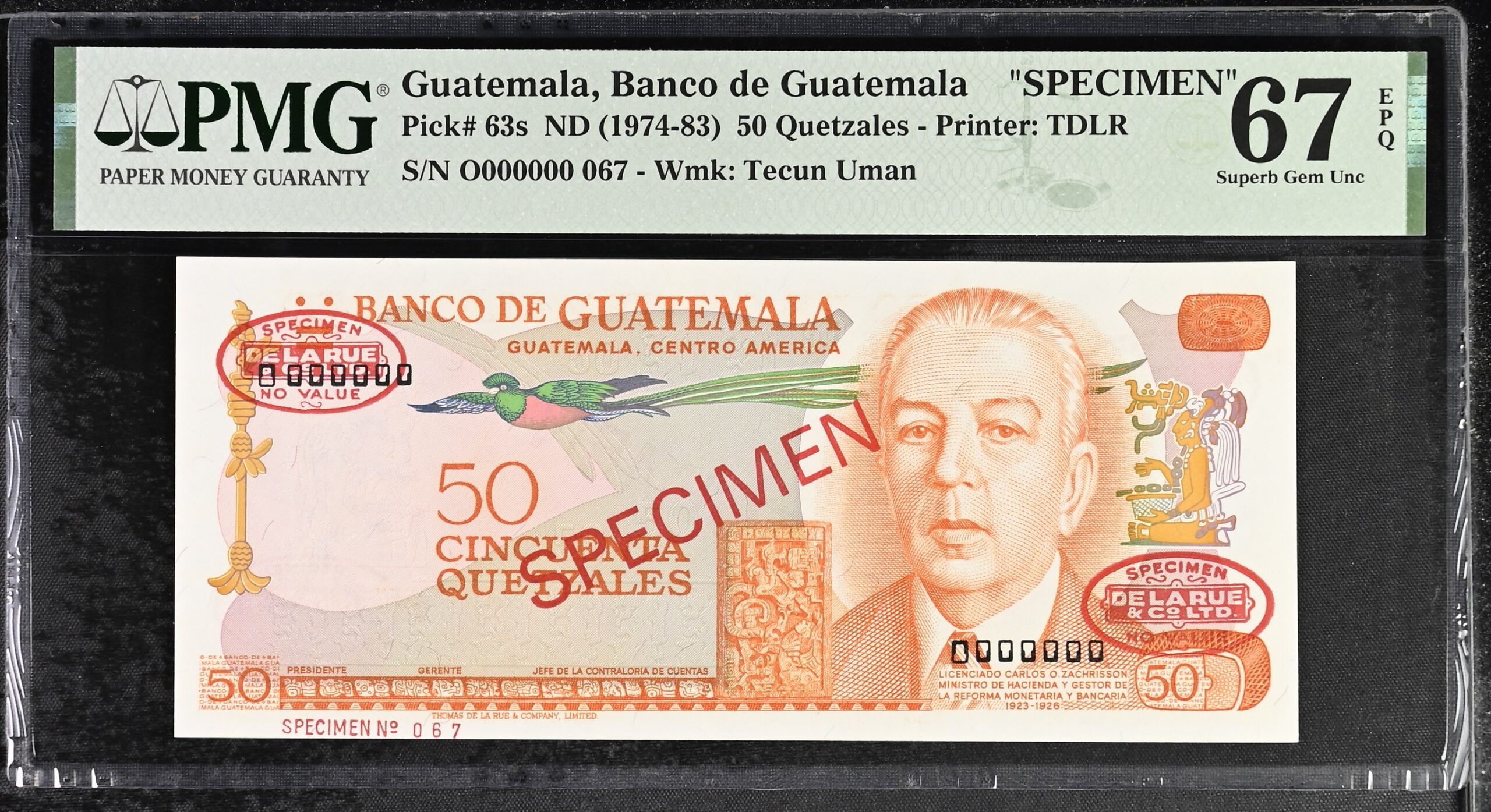 Guatemala 50 Quetzales Specimen 1974-83 P63s PMG Superb Gem Uncirculated 67 EPQ