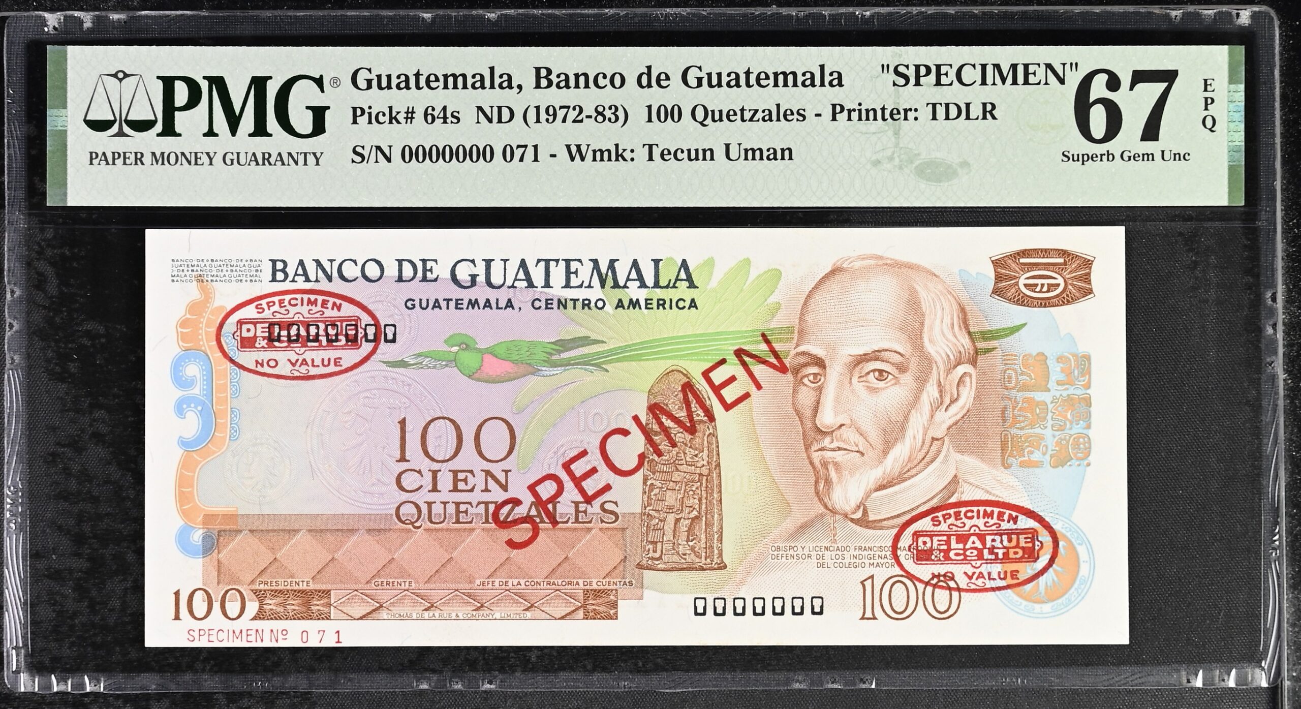 Guatemala 100 Quetzales Specimen 1972-83 P64s PMG Superb Gem Unc 67 EPQ TOP POP