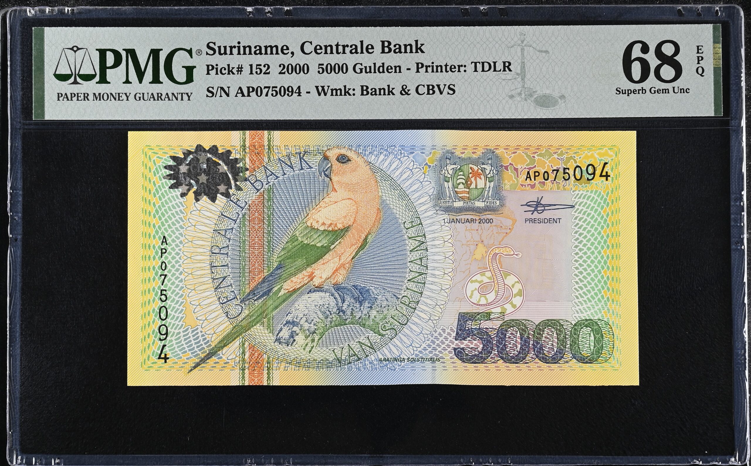 Suriname 5000 Gulden 2000 P152 PMG Superb Gem Uncirculated 68 EPQ