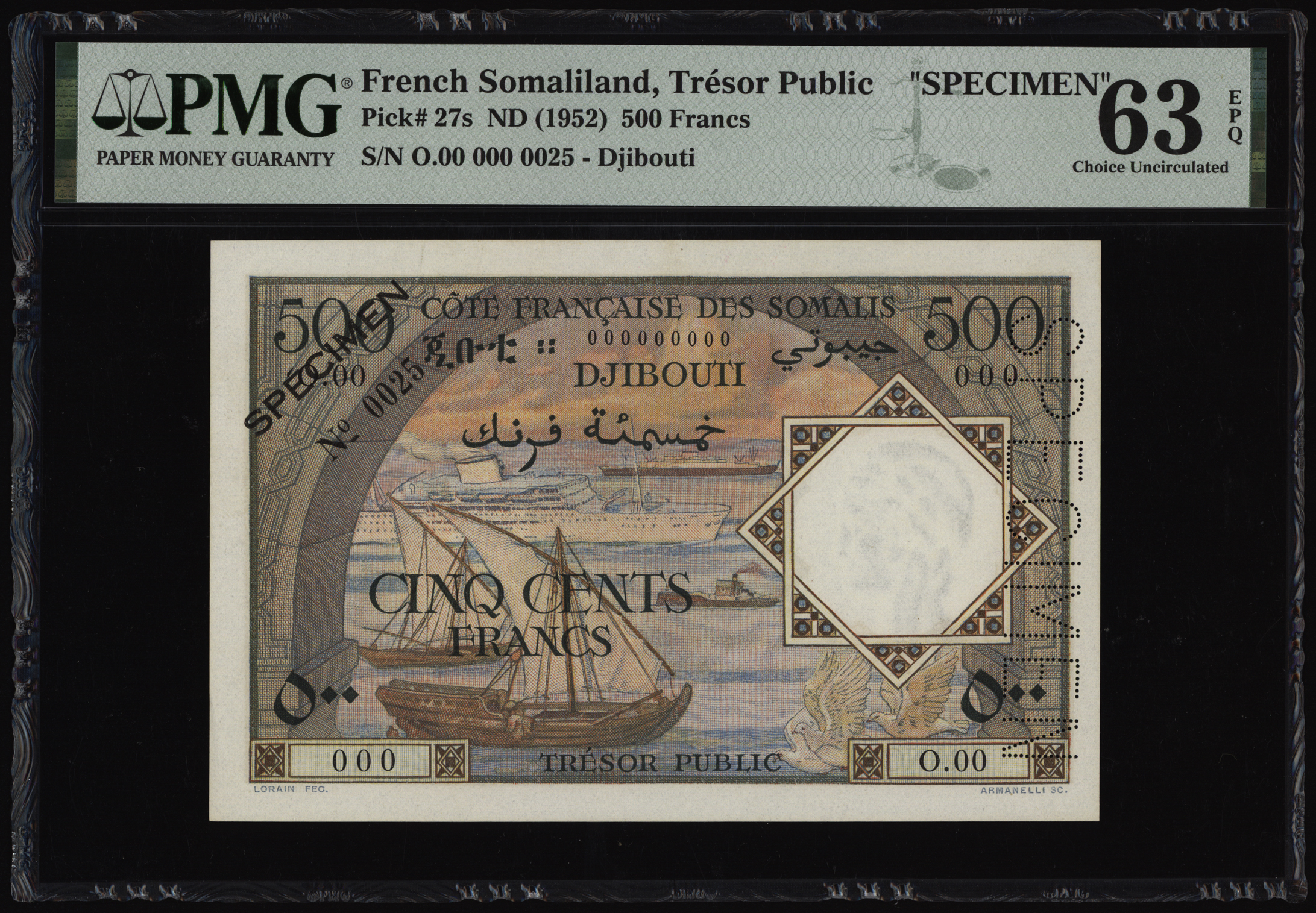 French Somaliland 500 Francs Specimen 1952 P27s PMG Choice Uncirculated 63 EPQ