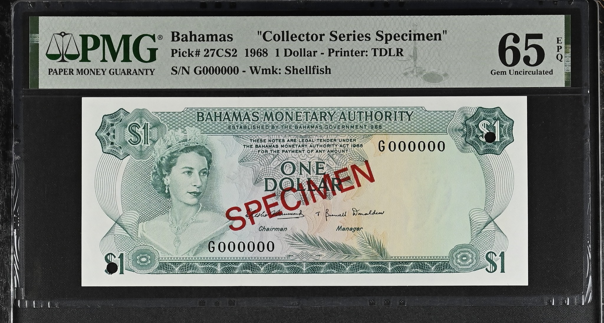 Bahamas 1 Dollar Specimen 1968 P27CS2 PMG Gem Uncirculated 65 EPQ