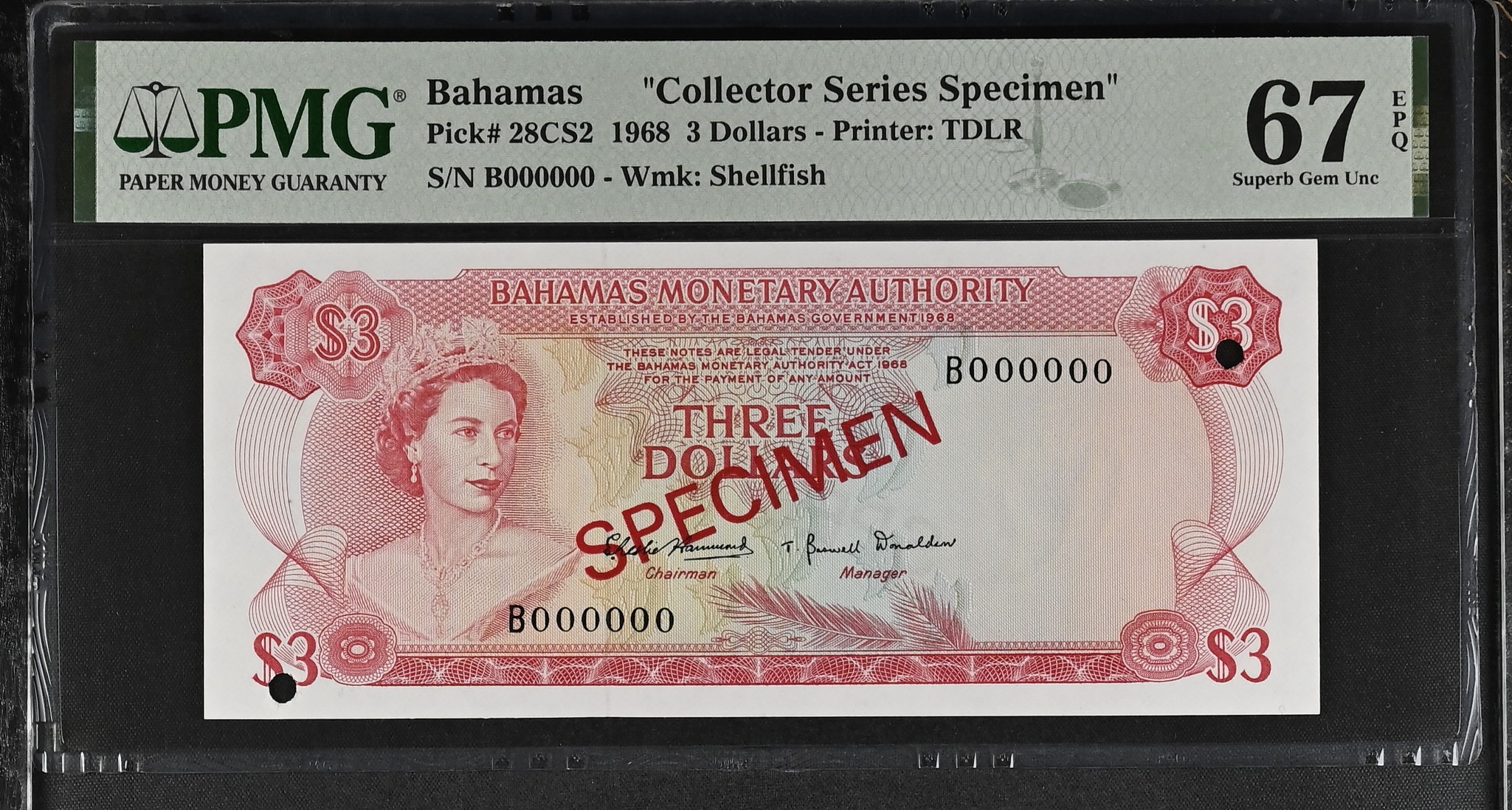 Bahamas 3 Dollars Specimen 1968 P28CS2 PMG Superb Gem Uncirculated 67 EPQ