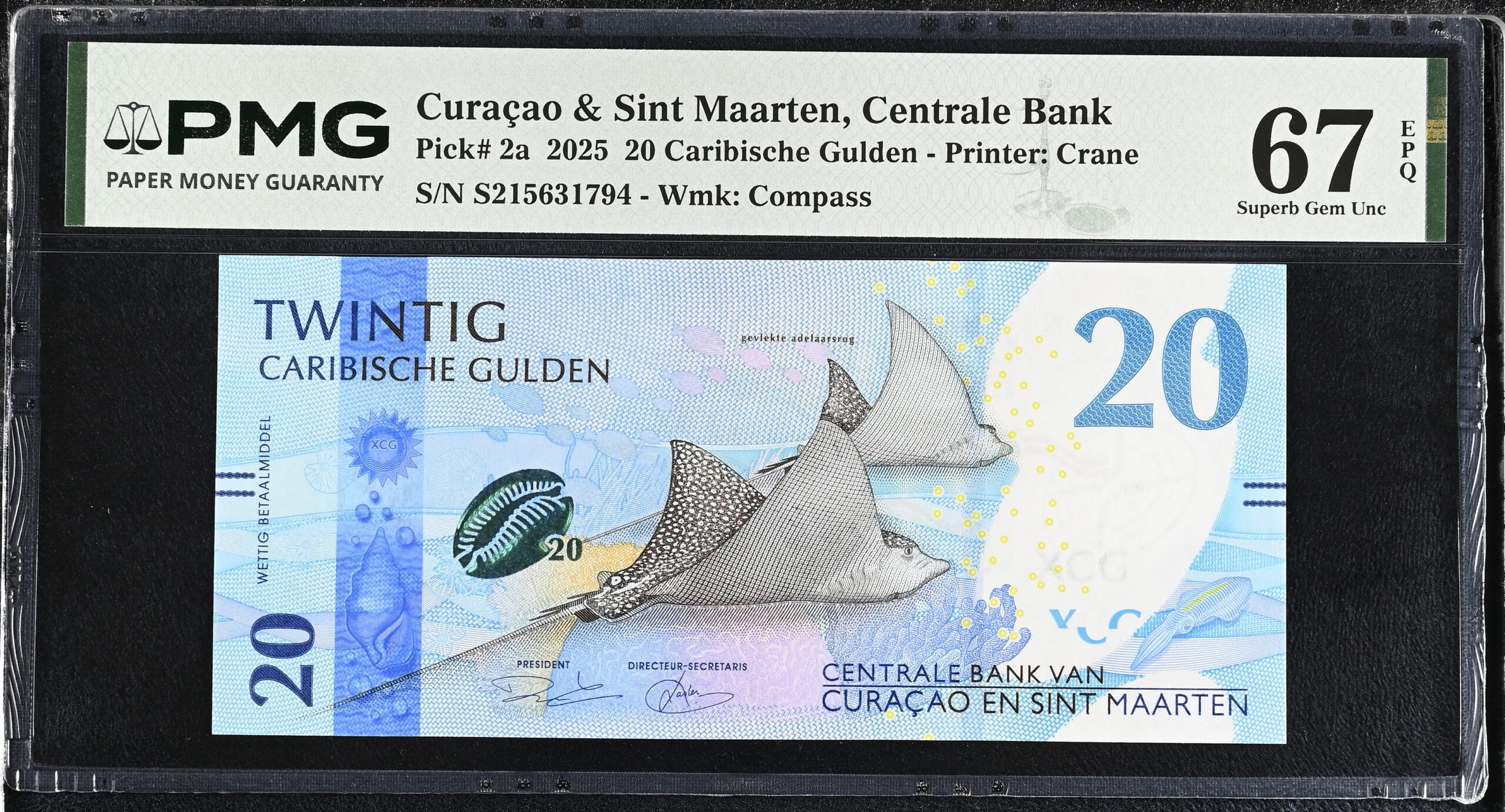 Curacao & Sint Maarten 20 Gulden 2025 P2a PMG Superb Gem Uncirculated 67 EPQ