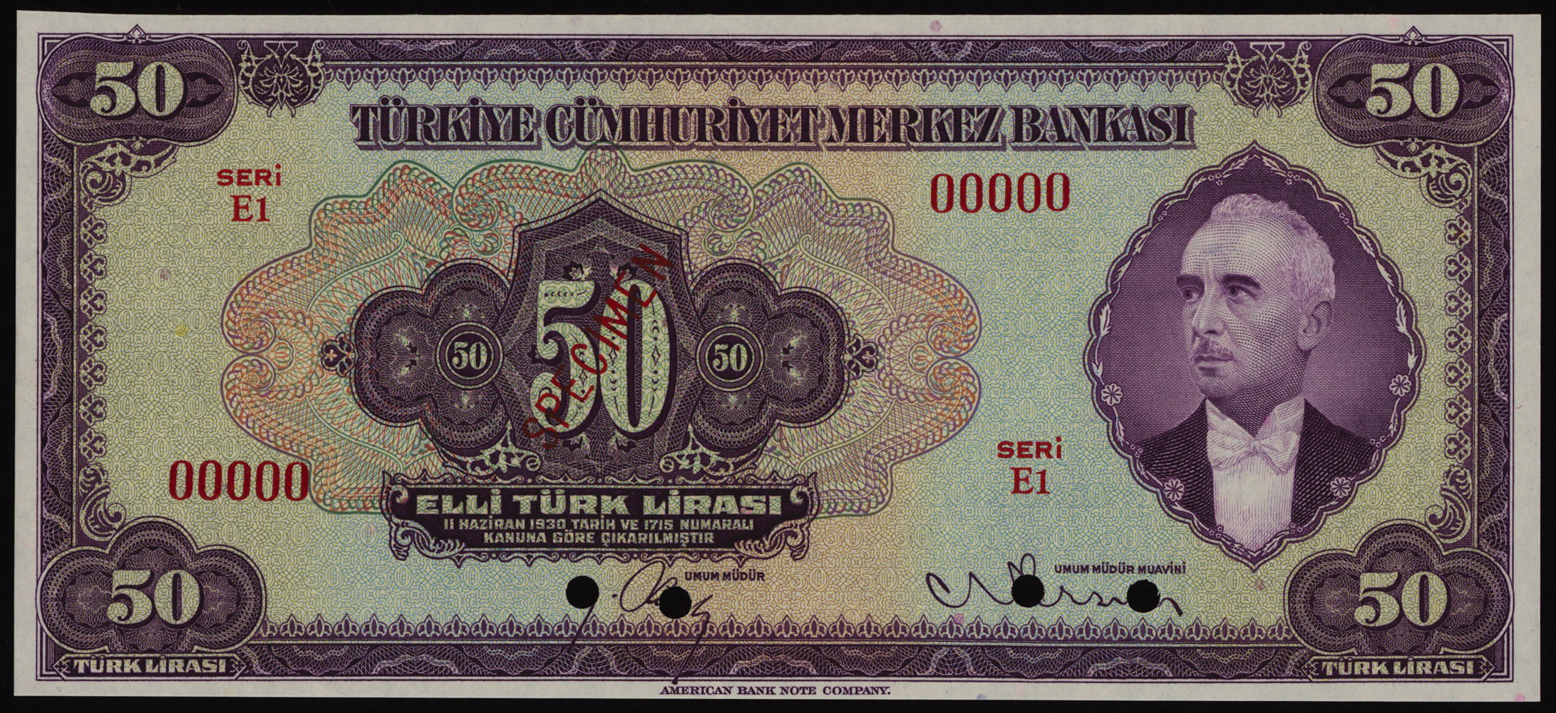 Turkey 50 Lirasi Specimen 1930 P142As Uncirculated